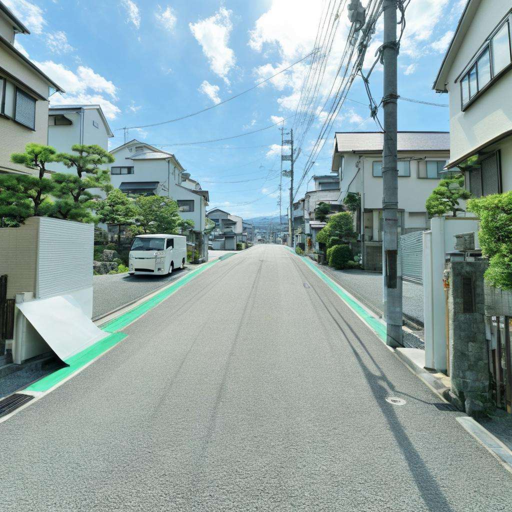 masterpiece, best quality, ultra-detailed, illustration,japan, scenery, outdoors, road, power lines, building, sky, street, utility pole, ground vehicle, motor vehicle, day, tree, house, car, fence, window, cloud, sign, city, blue sky, road sign, realistic, photo background, photo (medium), toyota <lora:JapanScenery_road_SDXL_V2:1>