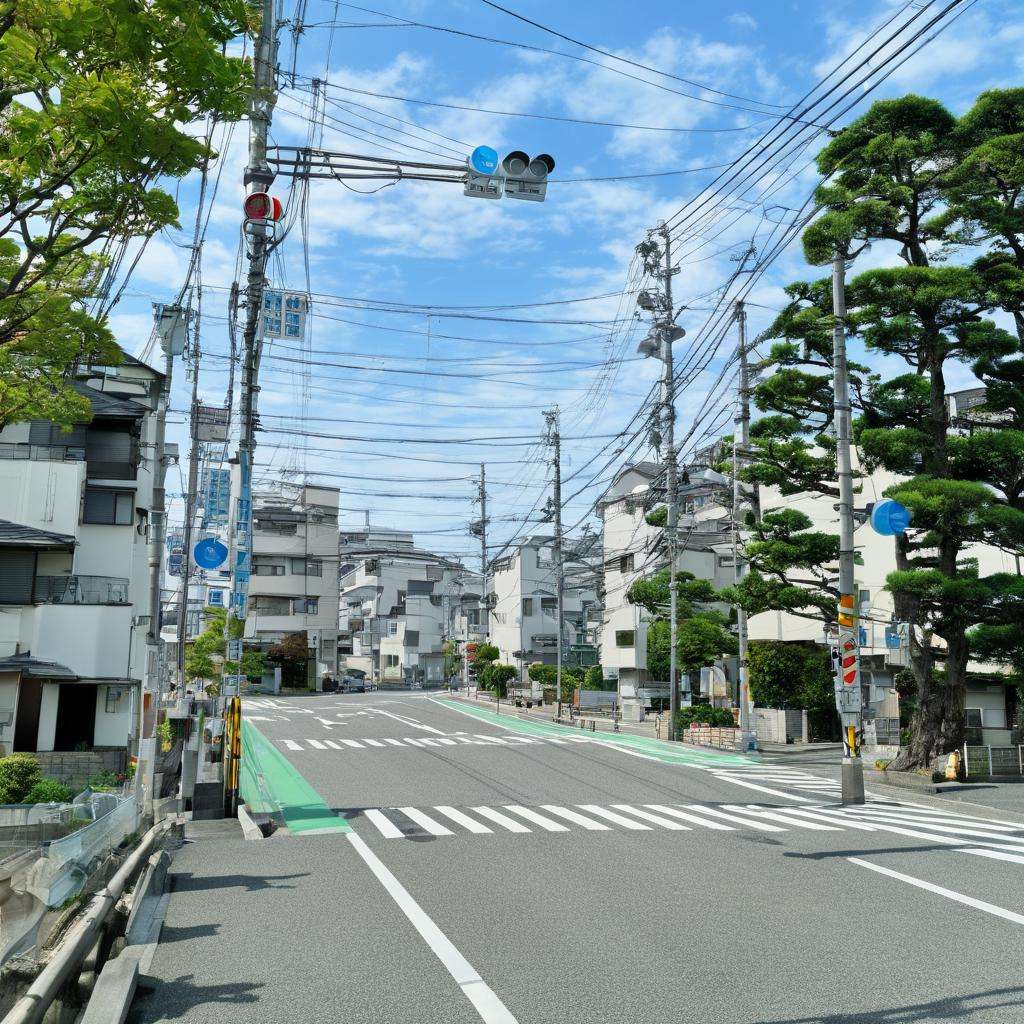 masterpiece, best quality, ultra-detailed, illustration,japan, outdoors, road, scenery, sky, street, tree, building, power lines, day, crosswalk, blue sky, utility pole, traffic light, real world location, window, house, sign, city, road sign, lamppost, motor vehicle, realistic, photo background, photo (medium) <lora:JapanScenery_road_SDXL_V2:1>