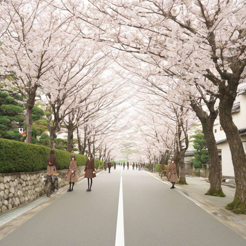 masterpiece, best quality, ultra-detailed, illustration,japan, scenery, road, tree, multiple girls, outdoors, cherry blossoms, street, motor vehicle, ground vehicle, 6+girls, school uniform, car, day, crosswalk, nagato yuki, multiple boys, skirt, tainaka ritsu, winter uniform, long hair, brown hair, realistic, photo background, photo (medium),  <lora:JapanScenery_road_SDXL_V2:1>