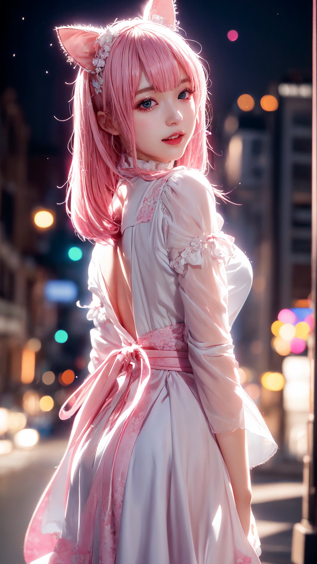 fantasy Young lady,pastel color masterpiece, beautiful anime,Laughter, hyper realistic masterpiece of an animewoman, wearing  Maid clothes, pink hair and pale fair white skin, at night, twilight, evening, outside, particles visible, light from behind, hyper realistic detailed lighting, hyper realistic shadows hyper realistic masterpiece,  professional, contrast color, contrast, colorful, rich deep color,1 girl,Japanese girl
