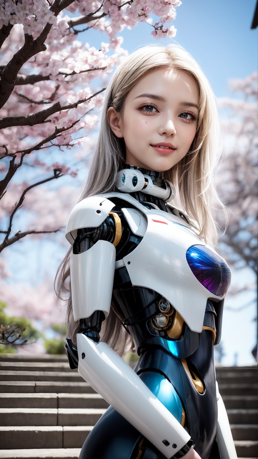 masterpiece, best quality, 1girl, yellow eyes, Beautiful face, delicate eyes, smile, long hair, white hair, tree, stairs, standing, sky, cherry blossoms, temple, looking at viewer, upper body, from below, looking back, ((Mecha)), young girl, Cyberpunk, CyberMechaGirl,CyberMechaGirl