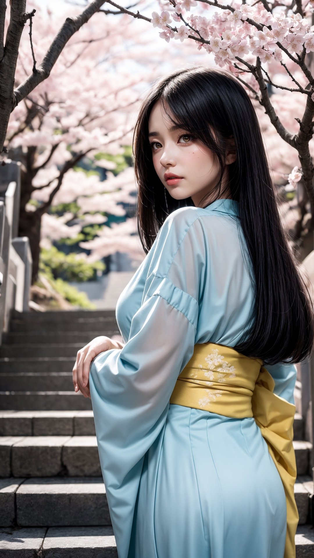 masterpiece, best quality, 1girl, yellow eyes, long hair, white hair, tree, stairs, standing, kimono, sky, cherry blossoms, temple, looking at viewer, upper body, from below, looking back,Cyberpunk