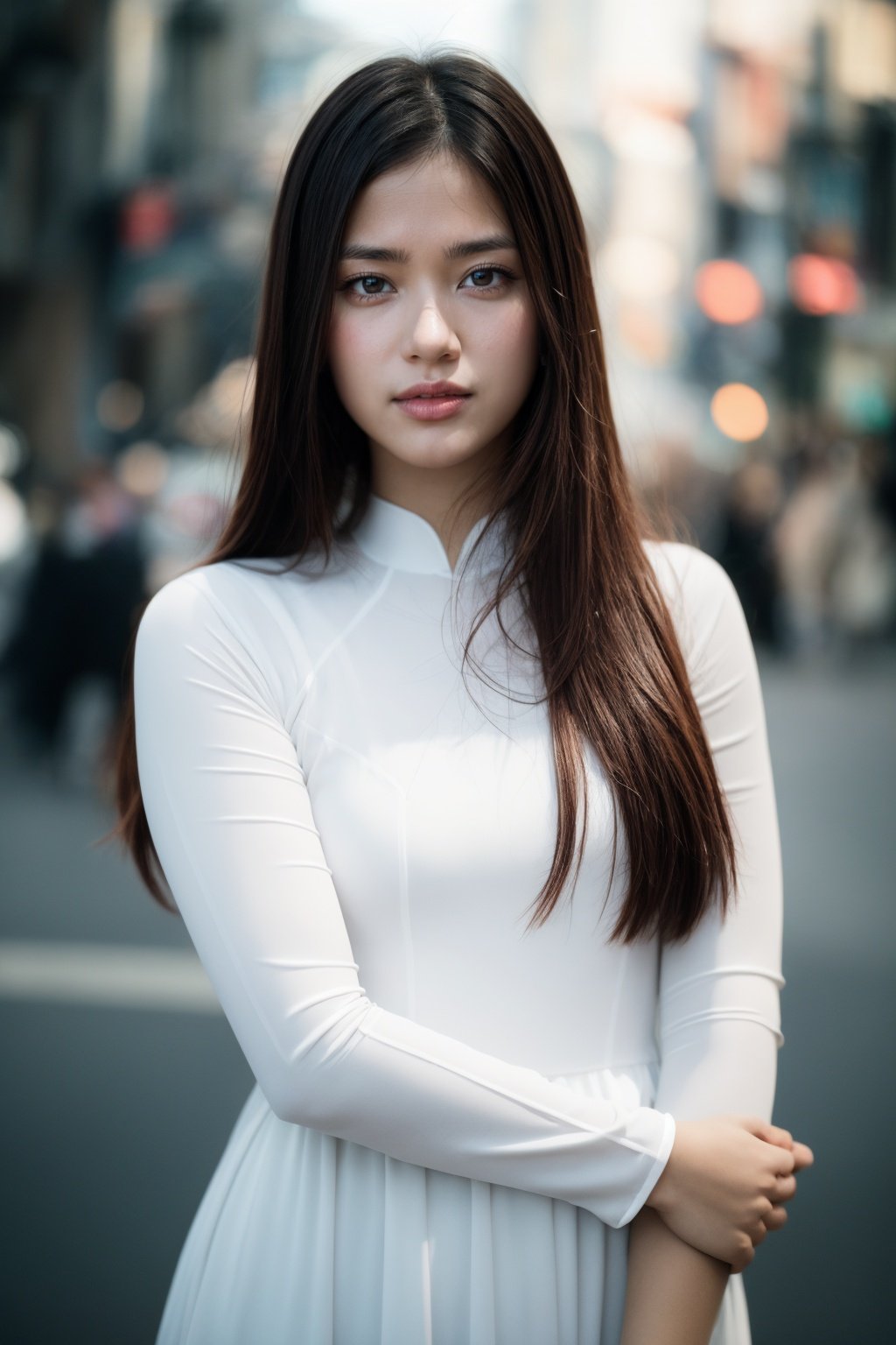 1girl, aodai white, photo art, <lora:aodai_white_SD_chiasedamme_v01:0.6>, a stunning photo with beautiful saturation, ultra high res,(realistic:1.4)),deep shadow,(best quality, masterpiece), pale skin, dimly lit, shade, flustered, blush, highly detailed, skinny, BREAK depth of field, film grain, wrinkled skin, looking at viewer, knee, warm smile, (upper body) masterpiece,ultra realistic,32k,extremely detailed CG unity 8k wallpaper, best quality