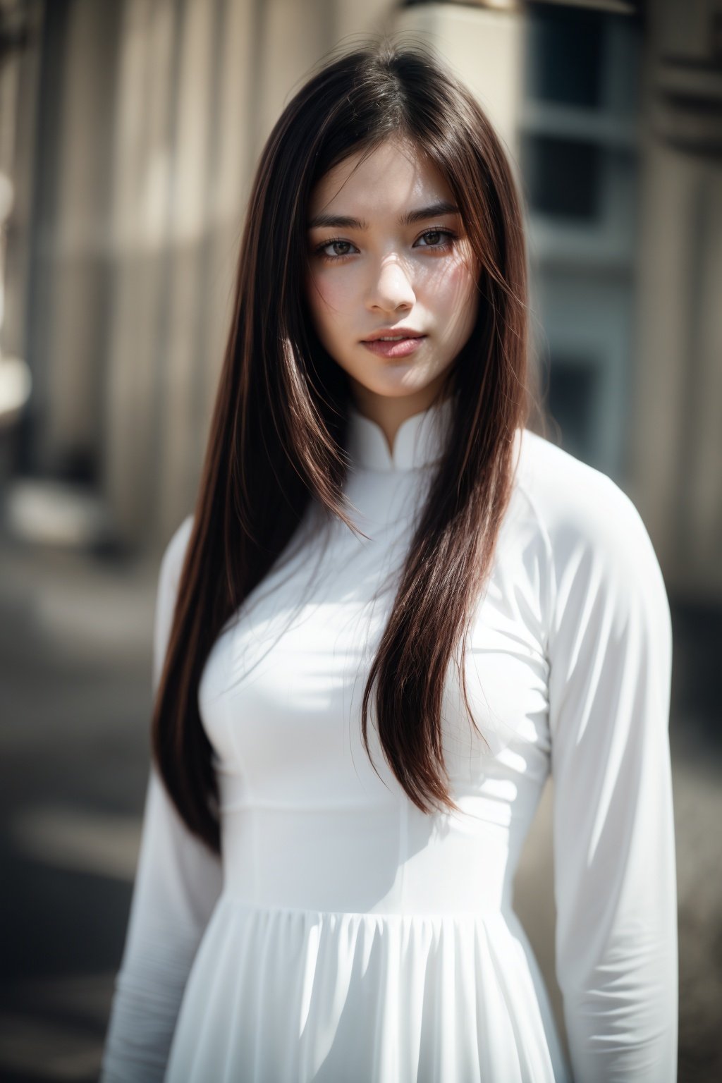 1girl, aodai  <lora:aodai_white_SD_chiasedamme_v01:0.6>, a stunning photo with beautiful saturation, ultra high res,(realistic:1.4)),deep shadow,(best quality, masterpiece), pale skin, dimly lit, shade, flustered, blush, highly detailed, skinny, BREAK depth of field, film grain, wrinkled skin, looking at viewer, knee, warm smile, (upper body) masterpiece,ultra realistic,32k,extremely detailed CG unity 8k wallpaper, best quality