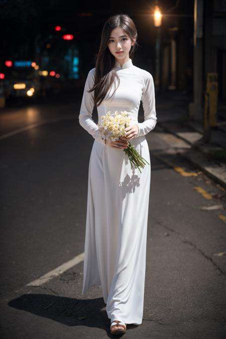 1girl, aodai, photo art, (flower:1.2),<lora:aodai_SD_chiasedamme_v02:0.7>, a stunning photo with beautiful saturation, ultra high res,(realistic:1.4)),deep shadow,(best quality, masterpiece), pale skin, dimly lit, shade, flustered, blush, highly detailed, skinny, BREAK depth of field, film grain, wrinkled skin, looking at viewer, knee, warm smile, (full body:1.2), masterpiece,ultra realistic,32k,extremely detailed CG unity 8k wallpaper, best quality