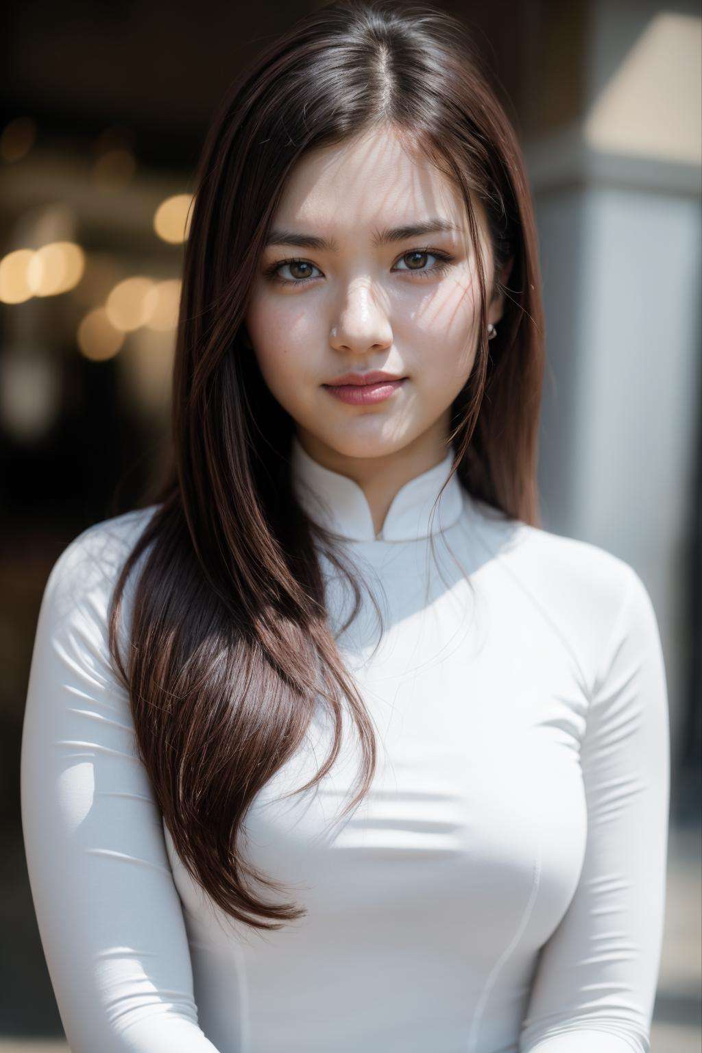 1girl, aodai  <lora:aodai_white_SD_chiasedamme_v01:0.6>, skinny, BREAK depth of field, film grain, wrinkled skin, looking at viewer, knee, warm smile, (upper body) masterpiece,ultra realistic,32k,extremely detailed CG unity 8k wallpaper, best quality