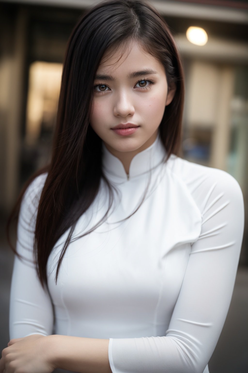 1girl, aodai  <lora:aodai_white_SD_chiasedamme_v01:0.6>, a stunning photo with beautiful saturation, ultra high res,(realistic:1.4)),deep shadow,(best quality, masterpiece), pale skin, dimly lit, shade, flustered, blush, highly detailed, skinny, BREAK depth of field, film grain, wrinkled skin, looking at viewer, knee, warm smile, (upper body) masterpiece,ultra realistic,32k,extremely detailed CG unity 8k wallpaper, best quality
