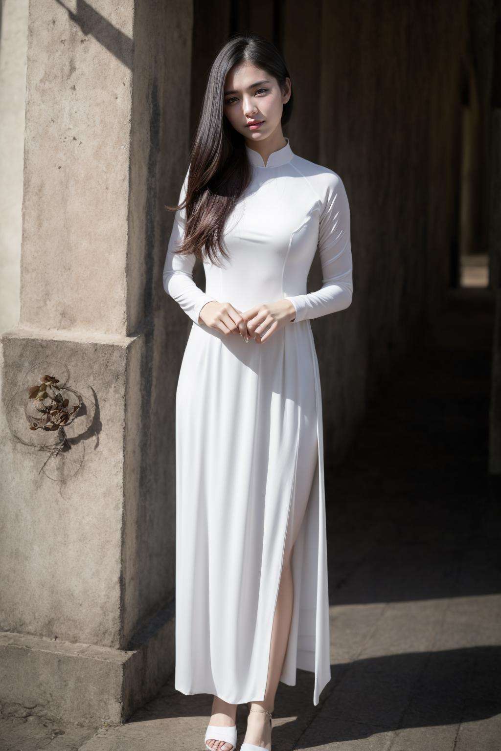1girl, aodai white, photo art, (flower:1.2), <lora:aodai_white_SD_chiasedamme_v01:0.6>, a stunning photo with beautiful saturation, ultra high res,(realistic:1.4)),deep shadow,(best quality, masterpiece), pale skin, dimly lit, shade, flustered, blush, highly detailed, skinny, BREAK depth of field, film grain, wrinkled skin, looking at viewer, knee, warm smile, (full body:1.2) masterpiece,ultra realistic,32k,extremely detailed CG unity 8k wallpaper, best quality