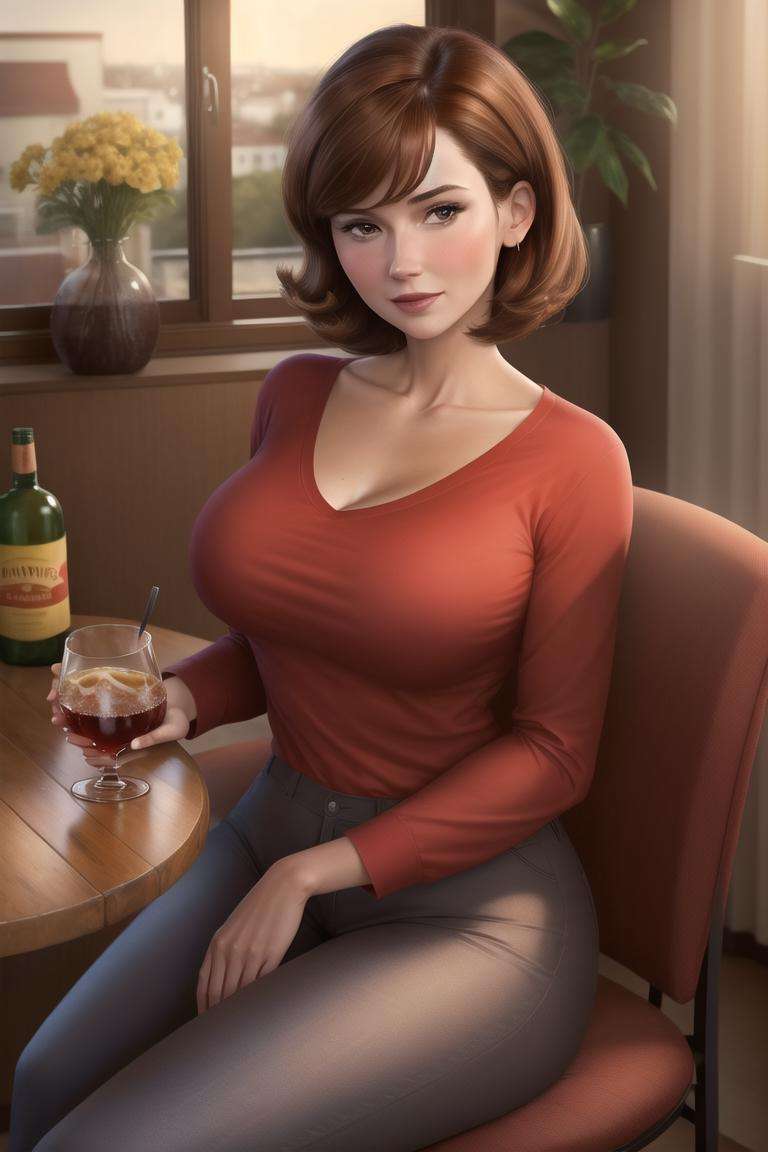 <lora:helen_parrv2:0.8>, helen parr, masterpiece, best quality, 1girl, brown hair, solo, food, breasts, sitting, blush, brown eyes, cup, pants, looking at viewer, large breasts, window, indoors, shirt, drinking glass, bangs, holding, long sleeves, table, chair, curtains, fruit, short hair, cheese, artist name, dated, night, mature female, collarbone, red shirt, drunk, alcohol, holding cup, bottle