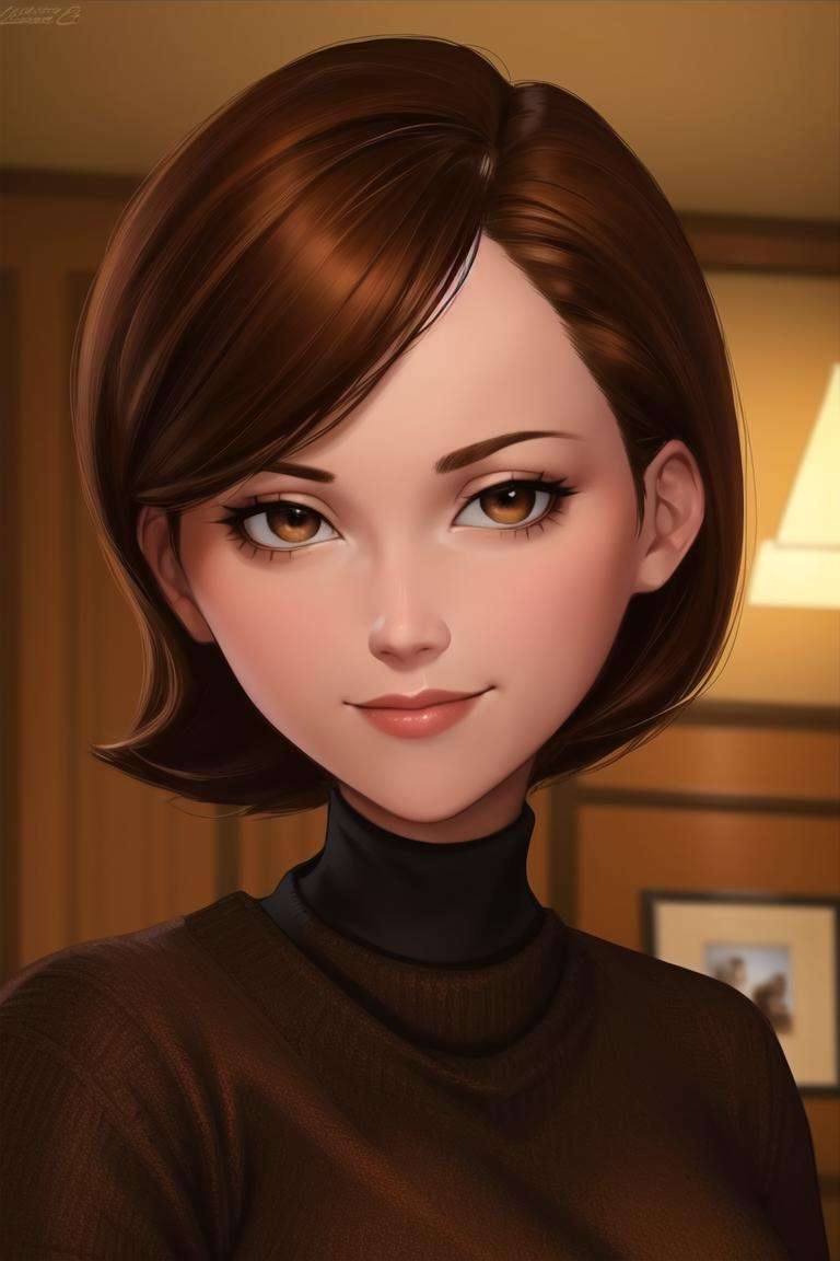 <lora:helen_parrv2:0.8>, helen parr, masterpiece, best quality, solo, brown hair, brown eyes, turtleneck, sweater, smile, short hair, turtleneck sweater, black sweater, 1girl, upper body, closed mouth, indoors, portrait, black sweater, 