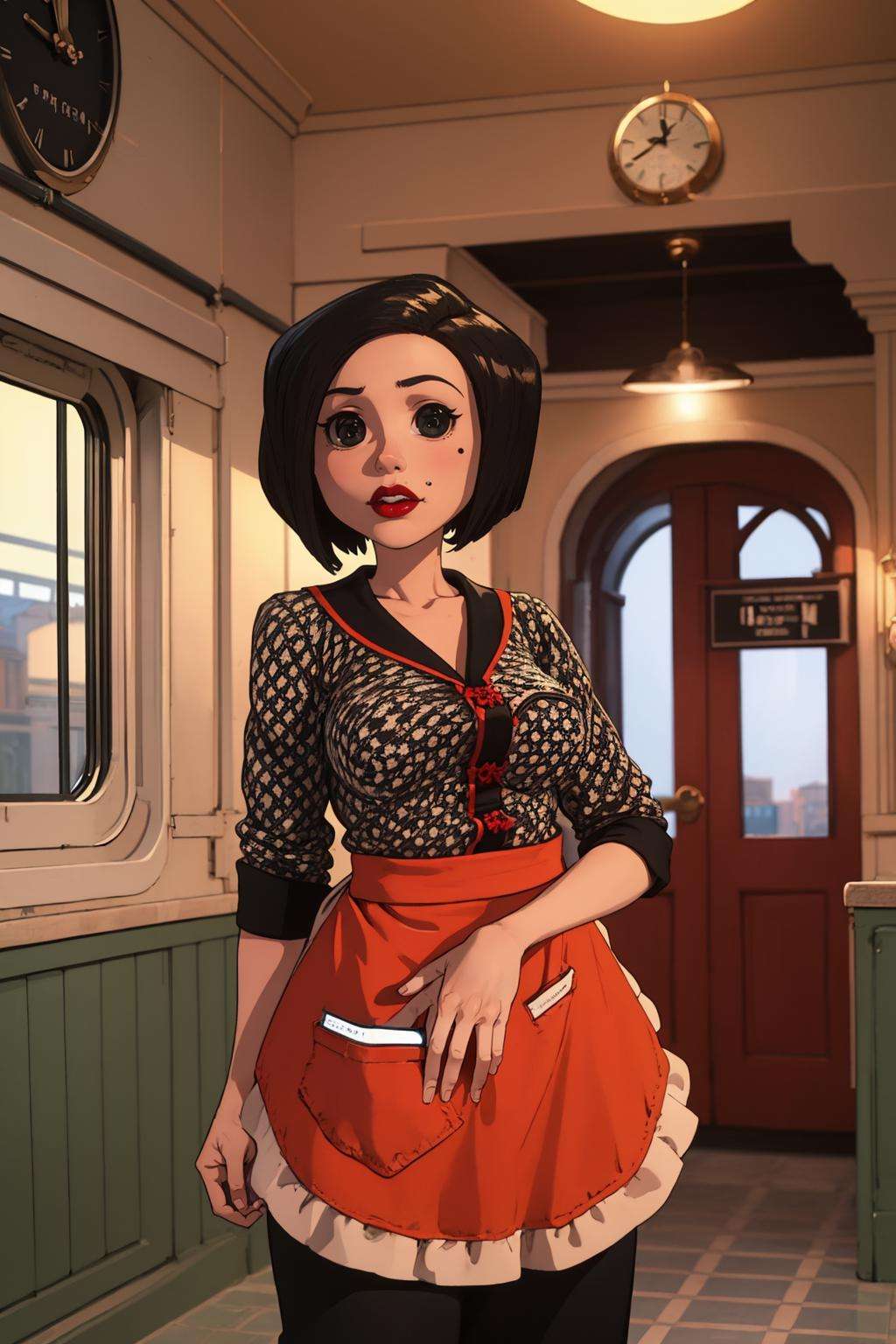 (masterpiece, best quality:1.2),  <lora:othermother:.9>, other mother, 1girl, solo, apron, black hair, short hair, red apron, black pants, breasts, large breasts, mole under mouth, @ @, red lips, polka dot, clock, wide shot, indoors, scenery, looking at viewer, train station