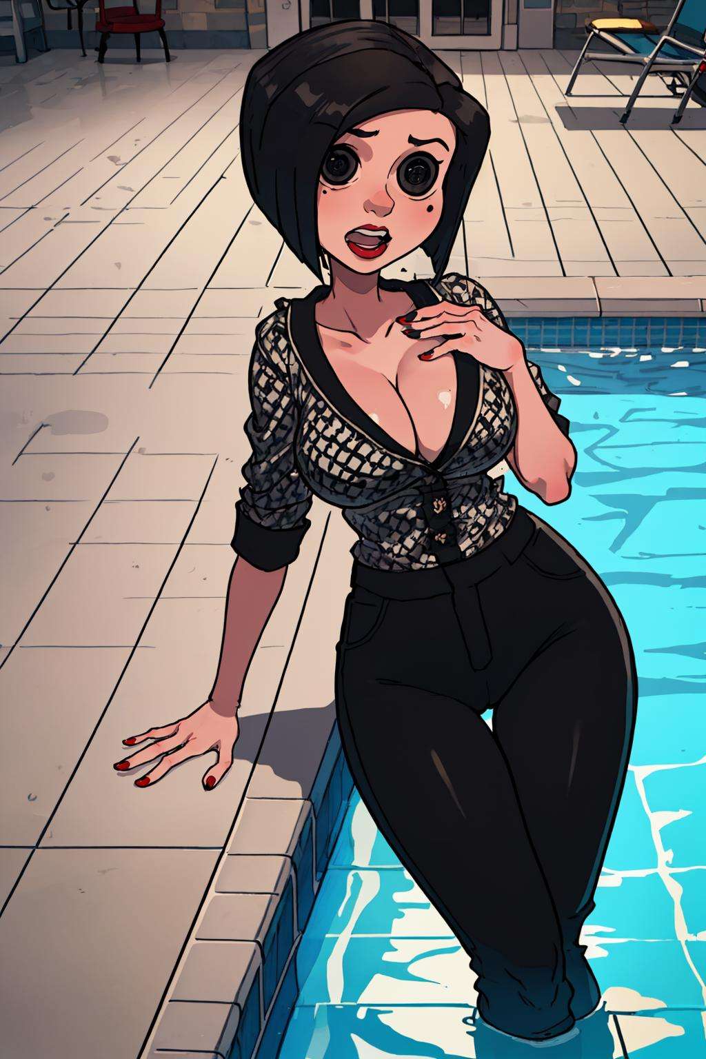 (masterpiece, best quality:1.2),  <lora:othermother:.9>, other mother, 1girl, solo, black hair, short hair, red nails, nail polish, black eyes, @ @, breasts, large breasts, polka dot, black pants, robe, mole under mouth, lying, open mouth, looking at viewer, tile floor, tiles, water, pool, folded