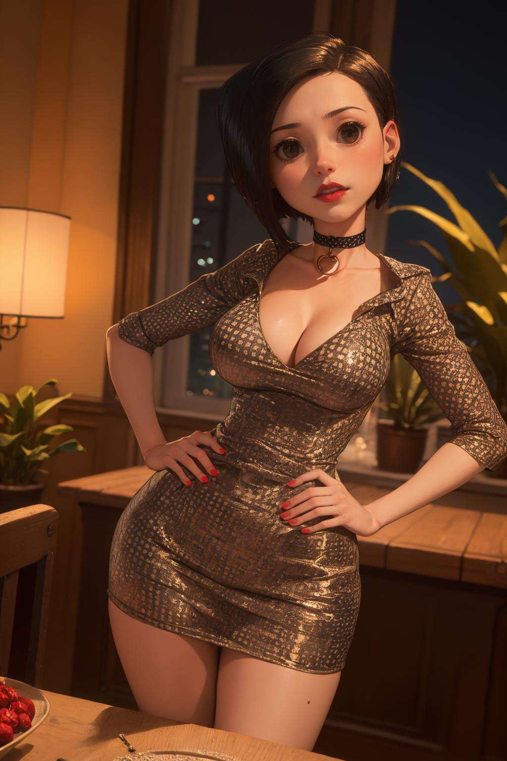 (masterpiece, best quality:1.2),  <lora:othermother:.9>, other mother, 1girl, solo, dress, short hair, black hair, choker, @ @, breasts, red choker, large breasts, mole under mouth, polka dot dress, red lips, collar, collared dress, looking at viewer, hand on hip, night, table, skindentation, plant