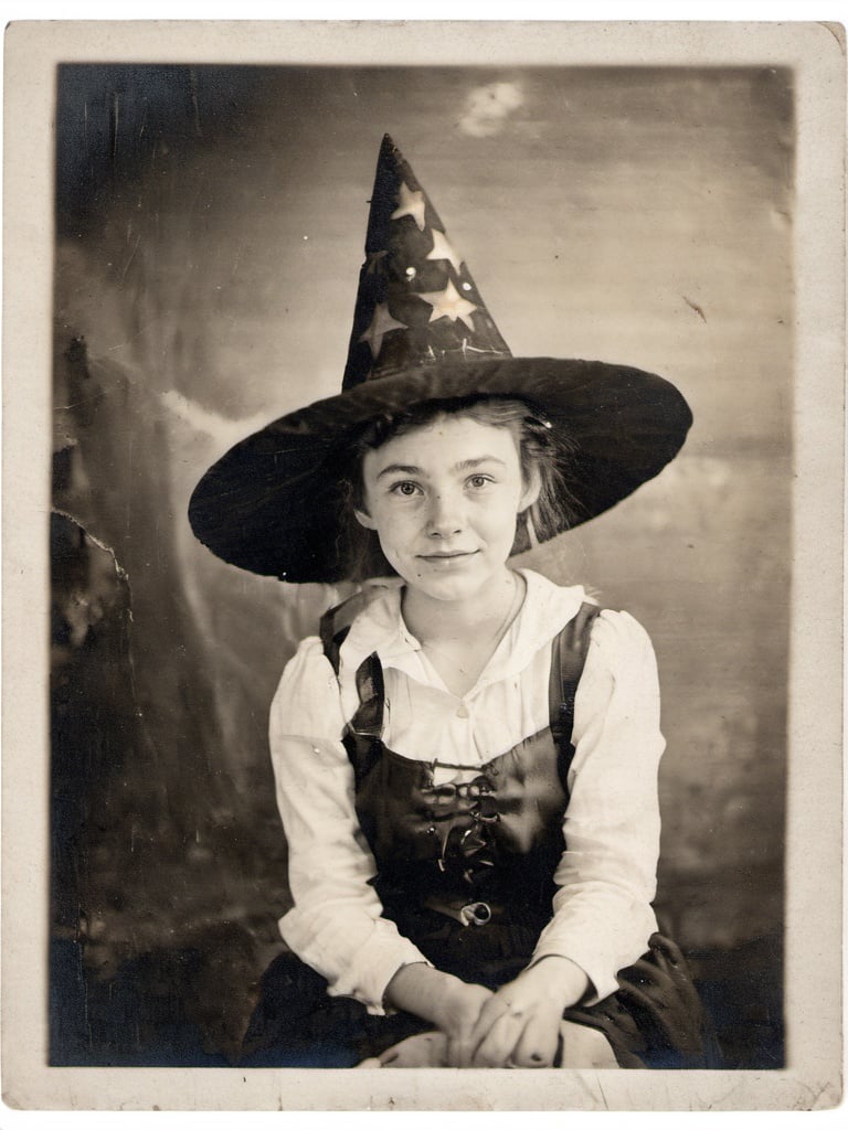 photograph of a cute young woman wearing a pointed witch hat  <lora:rppc:1>