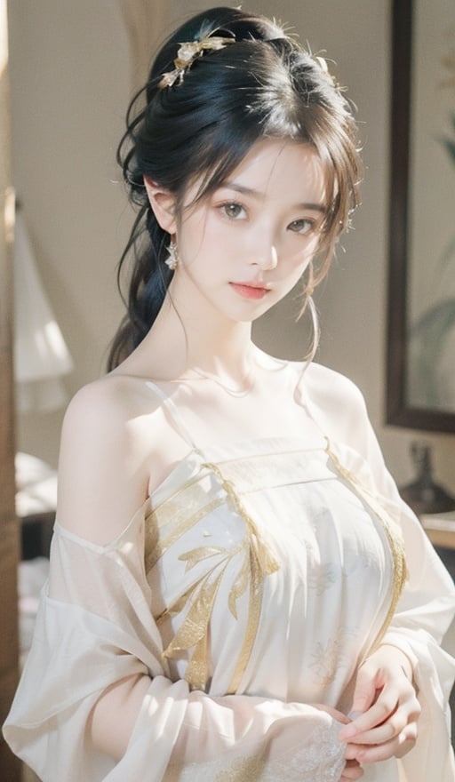 1 girl, white dress, white shawl, antique earrings, golden hairpin, hands holding, 8K, eyebrow patch, RAW, best quality, masterpiece, ultra high resolution, best quality, beautiful cold light, contour light, silky light, focusing on the eyes, off-shoulder dress, 	single ponytail hairstyle, big breast