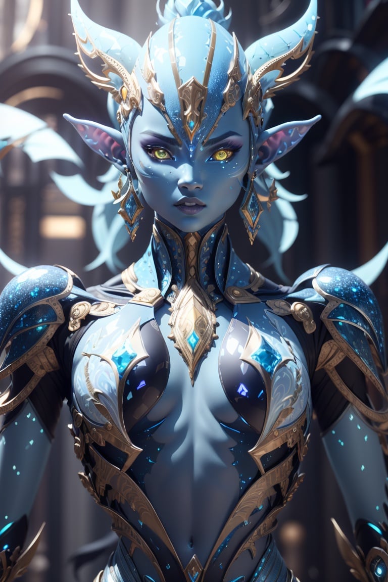 blue humanoid avatar with bioluminescent avatar markings dots and patterns on their skin. Pointed elf ears. avatar like hair,  hair colour black,  sparkling glowing blue eyes,  slightly shimmery iridescent blue skin. female,  warrior like,  magical and mystical,  detailed and realistic. Only blue skin tone. Only blue coloured skin. Skin colour all blue., <lora:EMS-39881-EMS:0.800000>