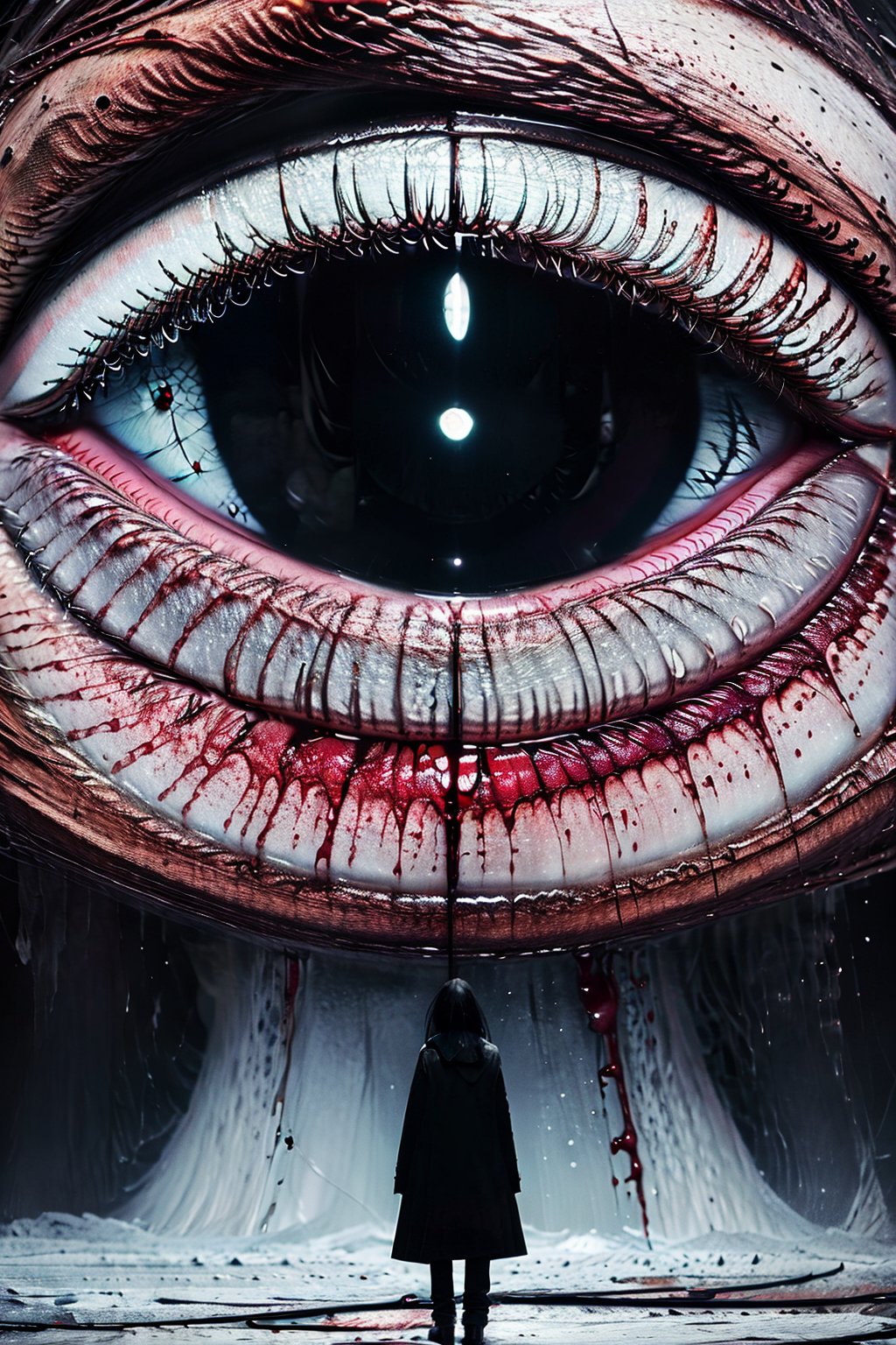 DarkTheme,  1girl,  looking_at_viewer,  red_eyes,  standing,  coat,  size_difference,  giant,  one-eyed,  horror_(theme),  eye_focus, <lora:EMS-40341-EMS:0.900000>