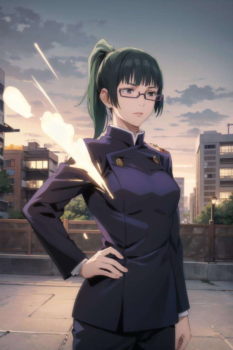 1girl, cowboy shot, beautiful ,zenin_maki,ponytail,glasses,bangs,green hair,brown eyes, outdoors, jujutsu_uniform, night,city , volumetric lighting, best quality, masterpiece, intricate details, tonemapping, sharp focus, hyper detailed, trending on Artstation