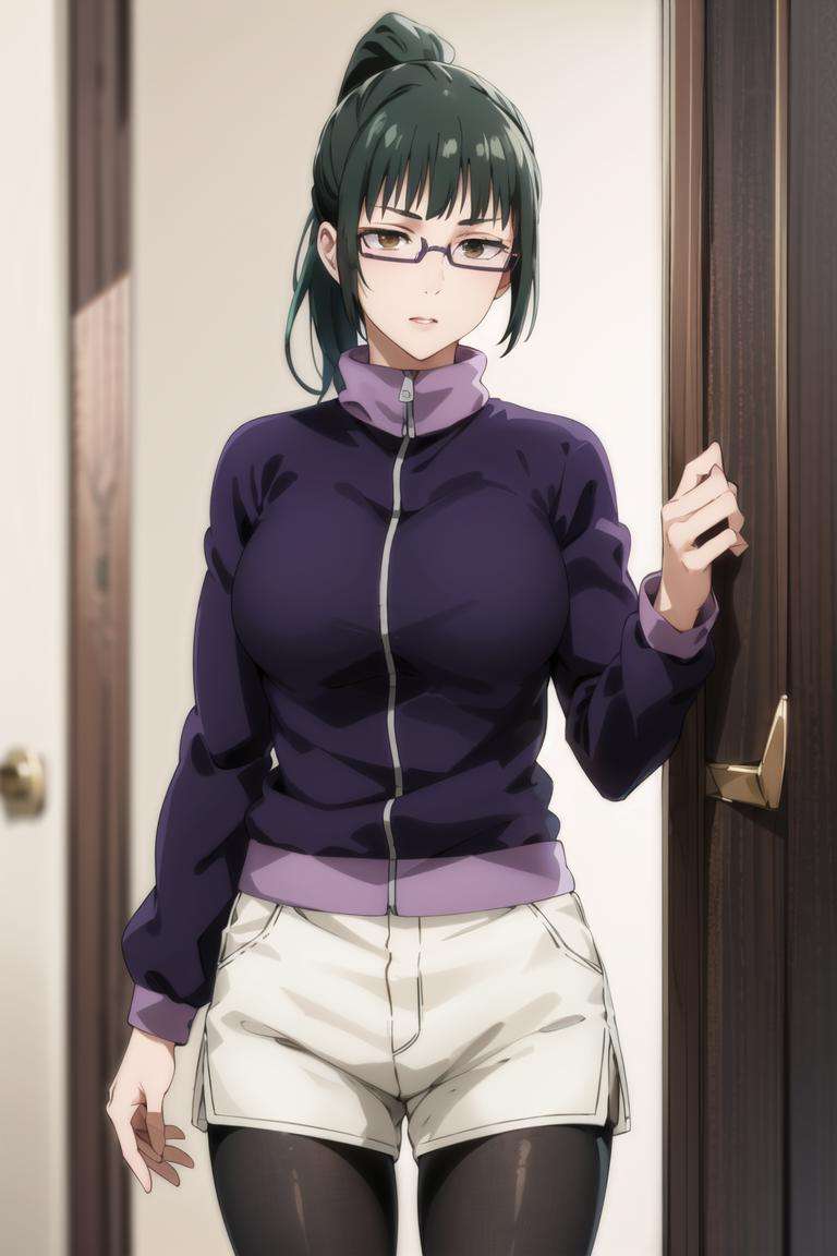 1girl, cowboy shot, beautiful zenin_maki,ponytail,glasses,bangs,green hair,brown eyes,purple jacket,  white shorts, black pantyhose, medium breast, cowboy shot, indoors , volumetric lighting, best quality, masterpiece, intricate details, tonemapping, sharp focus, hyper detailed, trending on Artstation,