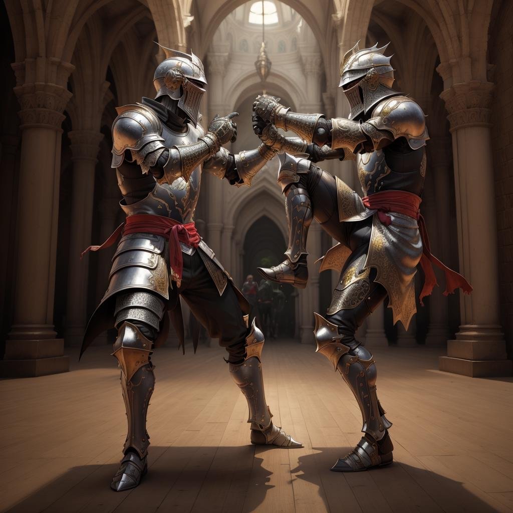 masterpiece, best quality,medieval armor, 2boy,fighting stance, fighting, 