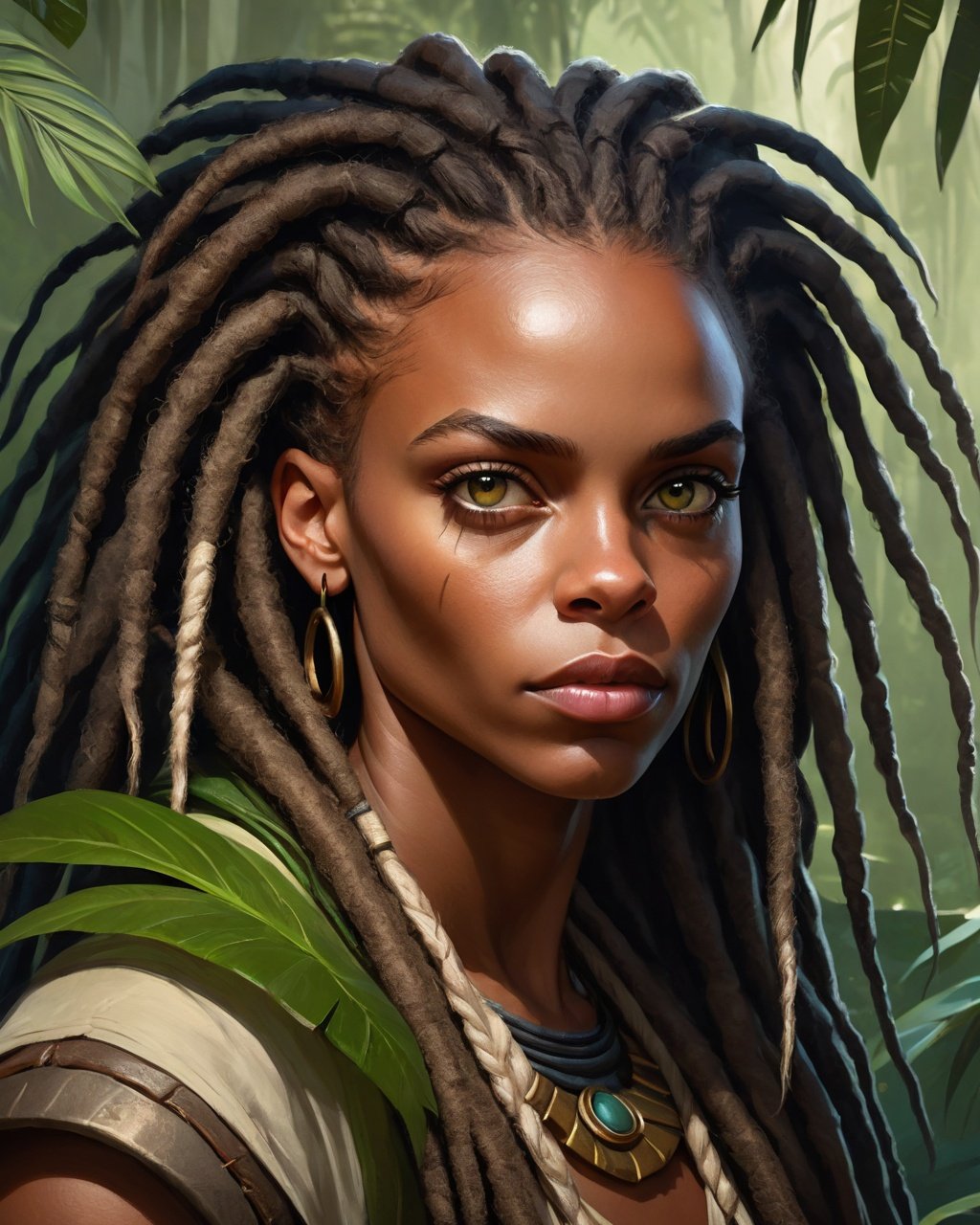 a close up of a woman with dreadlocks in a jungle, character concept art portrait, fantasy concept art portrait, stunning character art, epic exquisite character art, character art portrait, character concept portrait, alexandra fomina artstation, portrait of ororo munroe, artstation painting, character portrait art, cgsociety portrait, portrait of a female druid