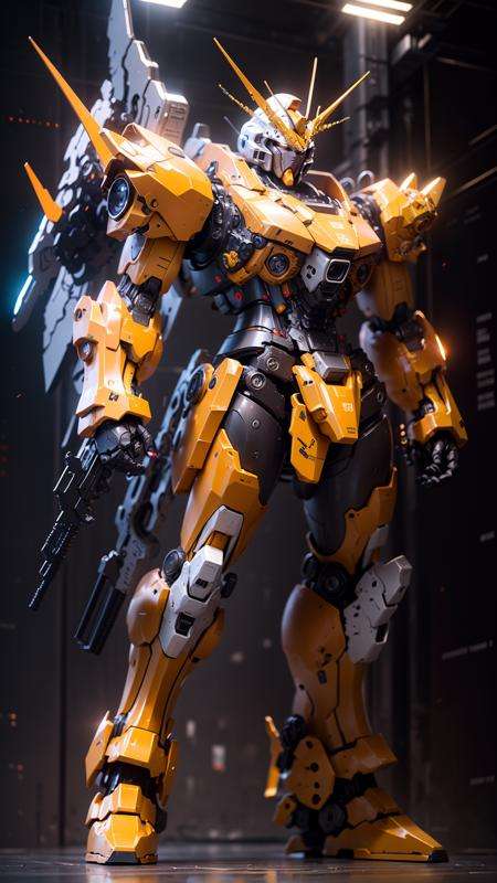 BJ_Gundam,solo,holding,standing,weapon,orange_eyes,gun,no_humans,robot,holding_gun,mecha,clenched_hands,science_fiction,v-fin,cinematic lighting,strong contrast,high level of detail,Best quality,masterpiece,White background,<lora:Gundam_Mecha_v3.5(4440):0.7>,