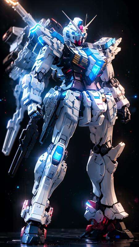 BJ_Gundam,solo,blue_eyes,standing,weapon,gun,no_humans,glowing,robot,mecha,science_fiction,space,v-fin,energy_gun,mobile_suit,beam_rifle,cinematic lighting,strong contrast,high level of detail,Best quality,masterpiece,White background,<lora:Gundam_Mecha_v3.5(4440):0.7>,
