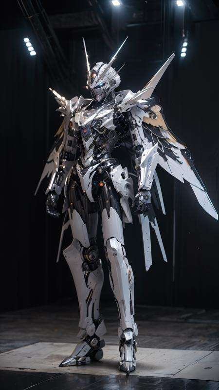 BJ_Gundam,solo,wings,standing,no_humans,glowing,robot,mecha,clenched_hands,science_fiction,looking_ahead,cinematic lighting,strong contrast,high level of detail,Best quality,masterpiece,White background,<lora:Gundam_Mecha_v3.5(4440):0.7>,