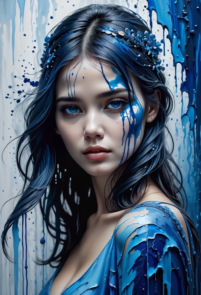 masterpiece, best quality, ultra high res, 1girl, (abstract art:1.4), bleeding blue, blue theme, visually stunning, beautiful, evocative, emotional, side view, <lora:wowifierXL:0.5>