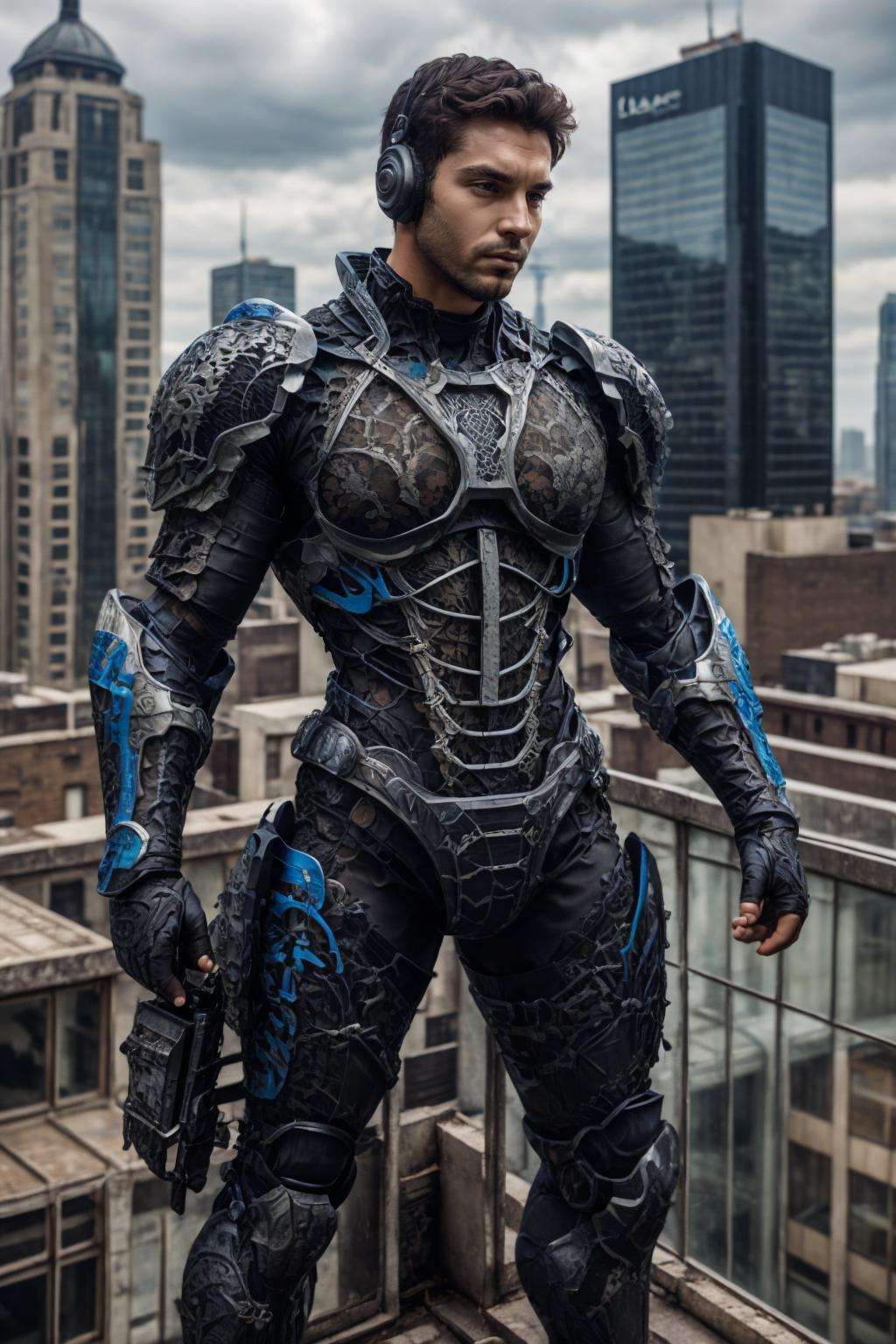 lac34rmor, wearing (black lace power armor), see-through, dynamic pose, fantasy city background, rooftop, realistic, masterpiece, intricate details, detailed background, depth of field, photo of a man,