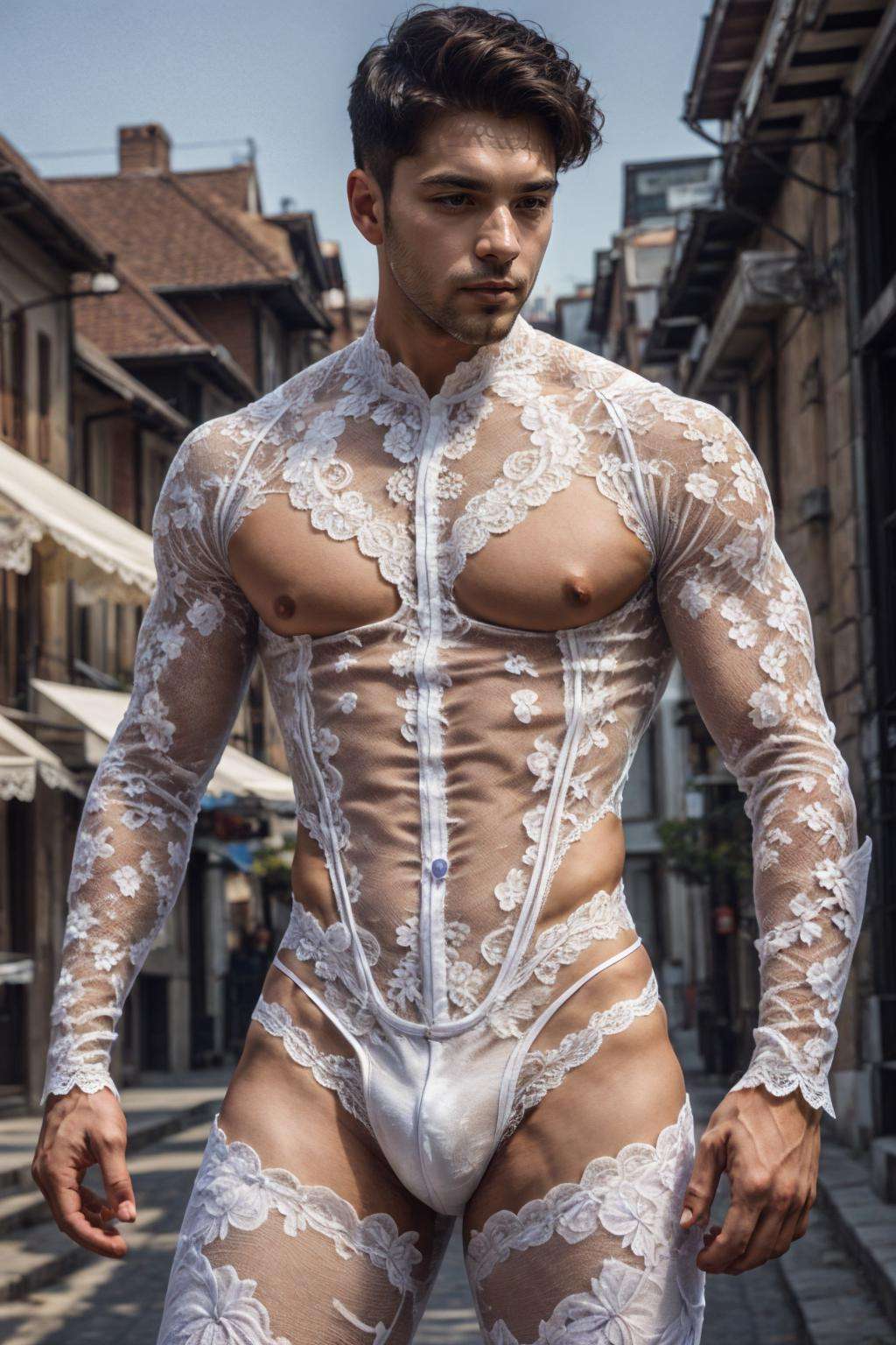 lac34rmor, wearing (white lace bodysuit), see-through, dynamic pose, fantasy city background,, realistic, masterpiece, intricate details, detailed background, depth of field, photo of a man,