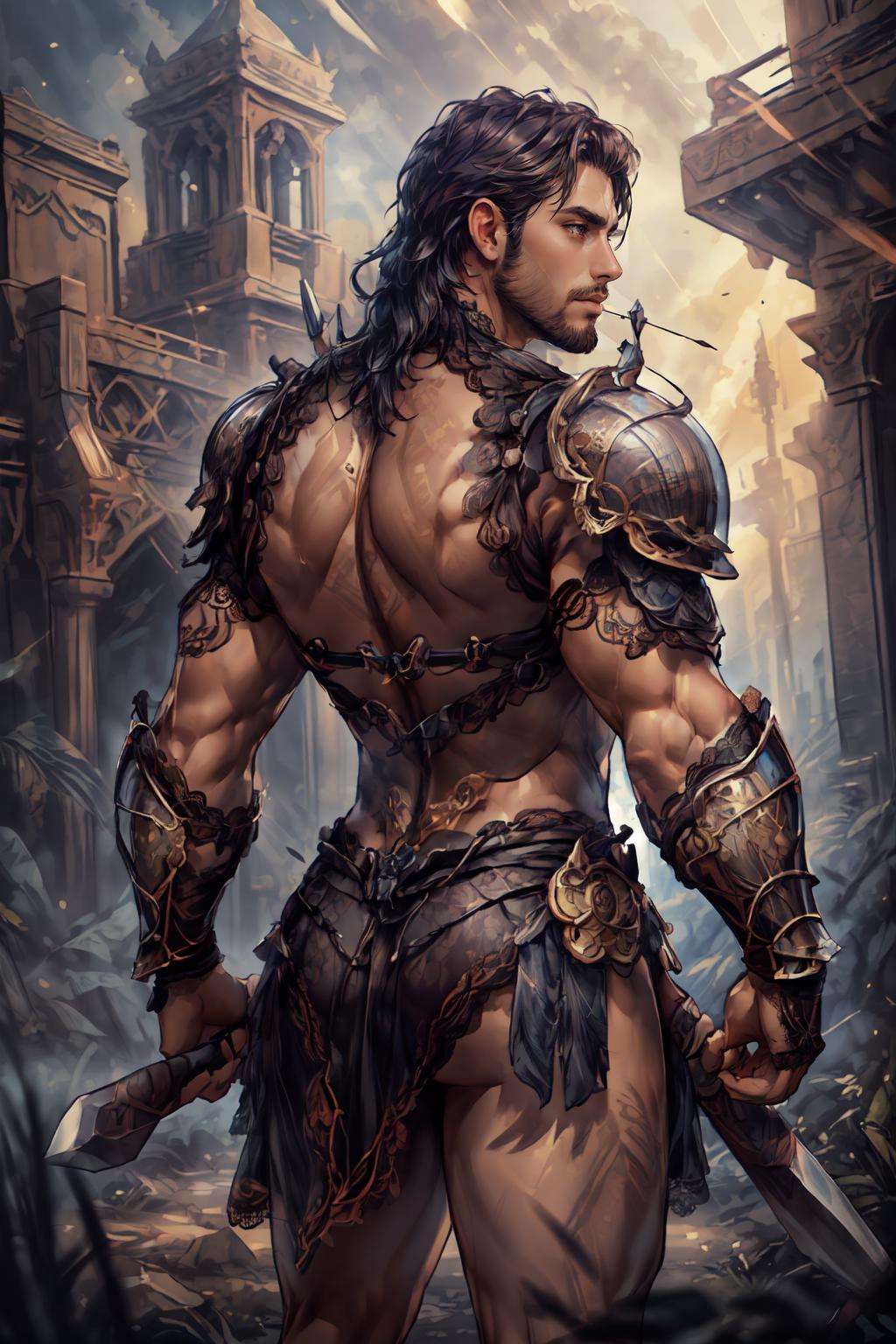 <lora:Clothing - Lace Armor:.5>, ((((LAC34RMOR, LACE, SEE-THROUGH, lace barbarian armor)))), (homoerotic), masterpiece, highly detailed face and skin, hyperrealistic, male only, bara, mature, stubble, muscular male, handsome, male focus, spot lights, volumetric lighting, dramatic lighting, bokeh,  (close-up shot), ((cinematic lighting, realistic, detailed background, clear texture, best background, depth of field,light particles,(Balance and coordination between all things),real light and shadow, perspective, composition, adventurous, energy, exploration, contrast, experimental, unique <lora:style_adddetail:.7><lora:style_breakrealize:-1>,from back and from below, standing, (detailed background, cinematic, detailed, atmospheric, epic, concept art, masterpiece, best quality, 8k, ultrarealsitc), realistic,