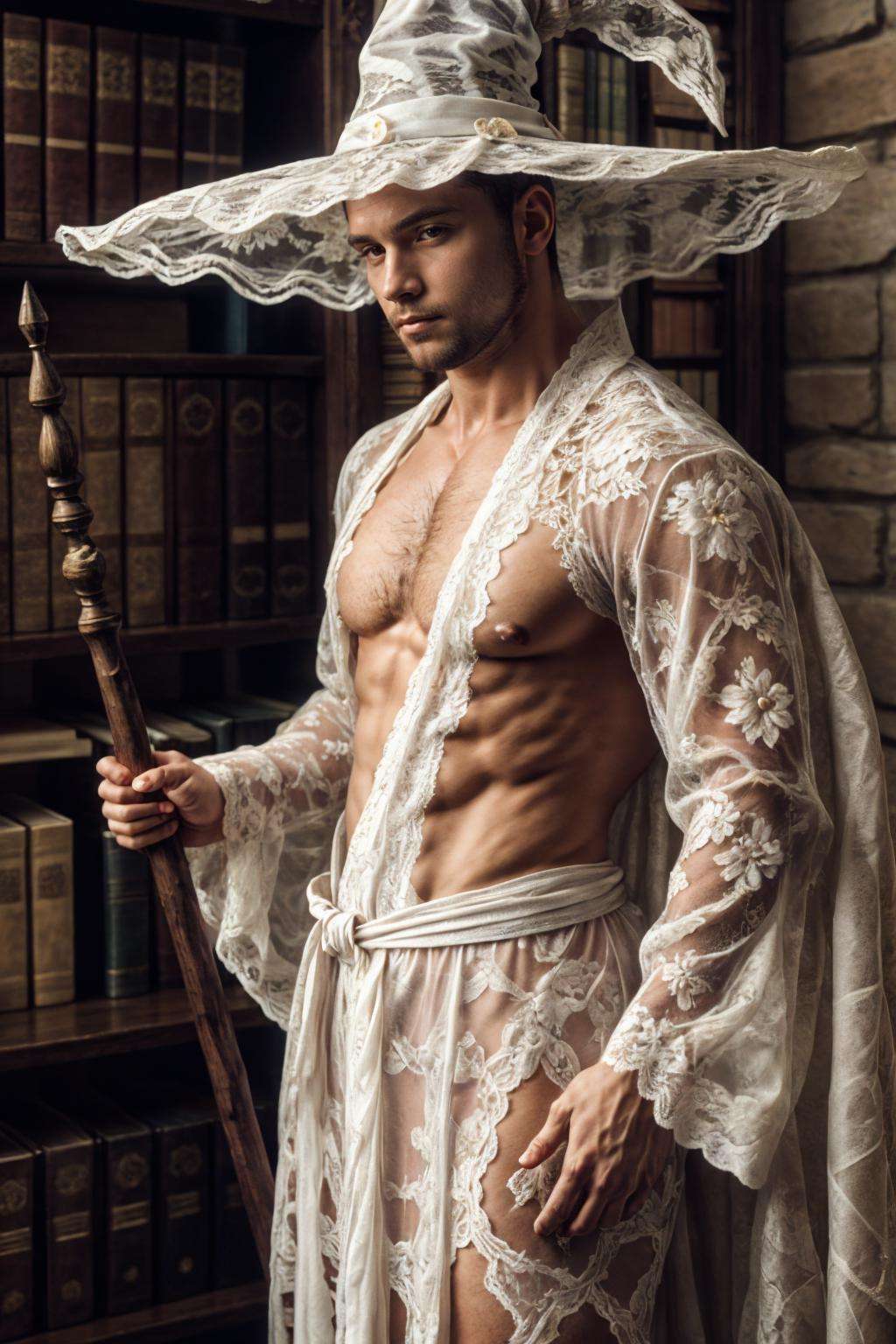 lac34rmor, wearing white lace wizard robe, see-through, dynamic pose, fighting stance, close up, portrait, medieval fantasy library background, holding staff, witch hat,, realistic, masterpiece, intricate details, detailed background, depth of field, photo of a man,