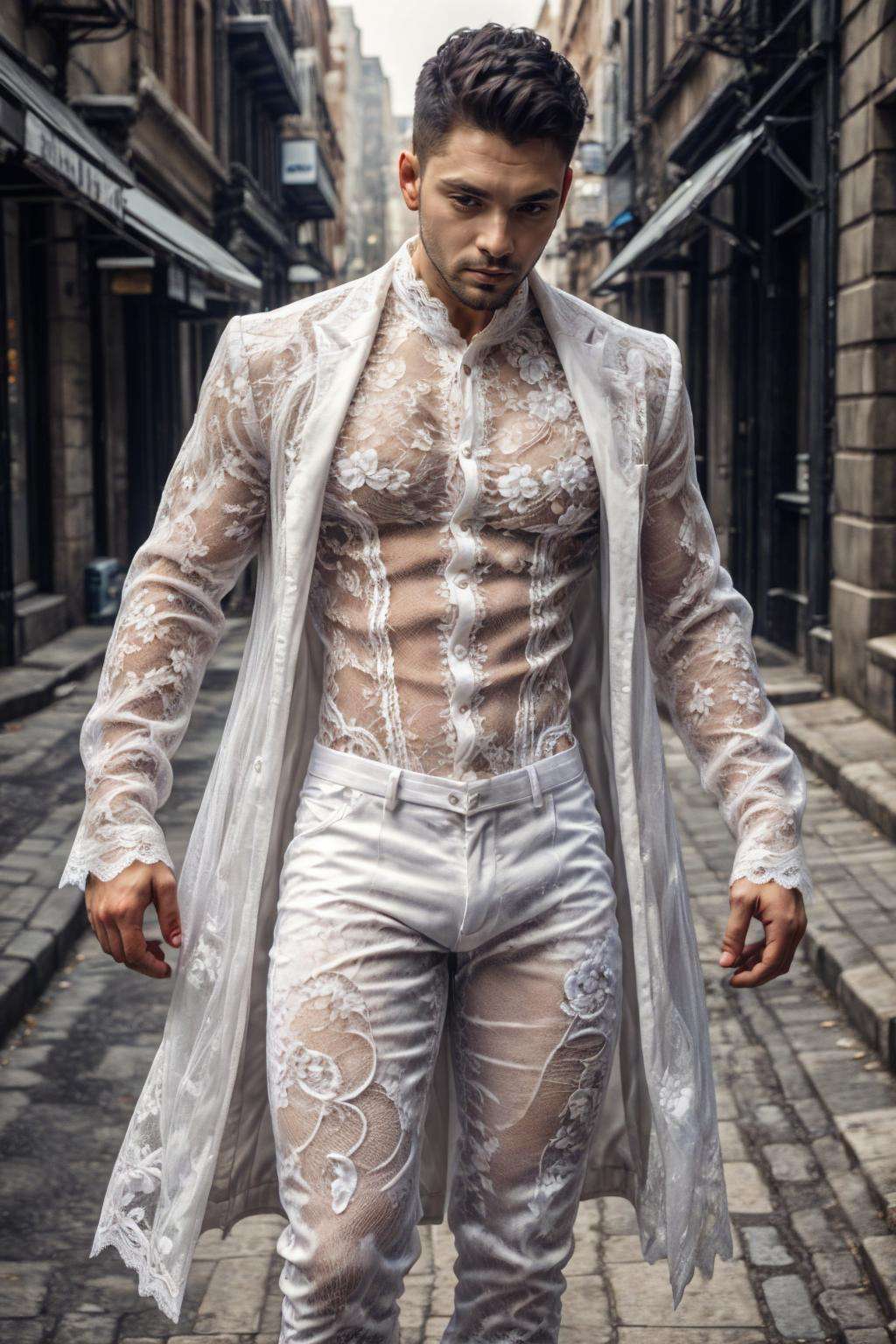 lac34rmor, wearing (white lace coat), see-through, dynamic pose, fantasy city background, street, pants, shirt, realistic, masterpiece, intricate details, detailed background, depth of field, photo of a man,