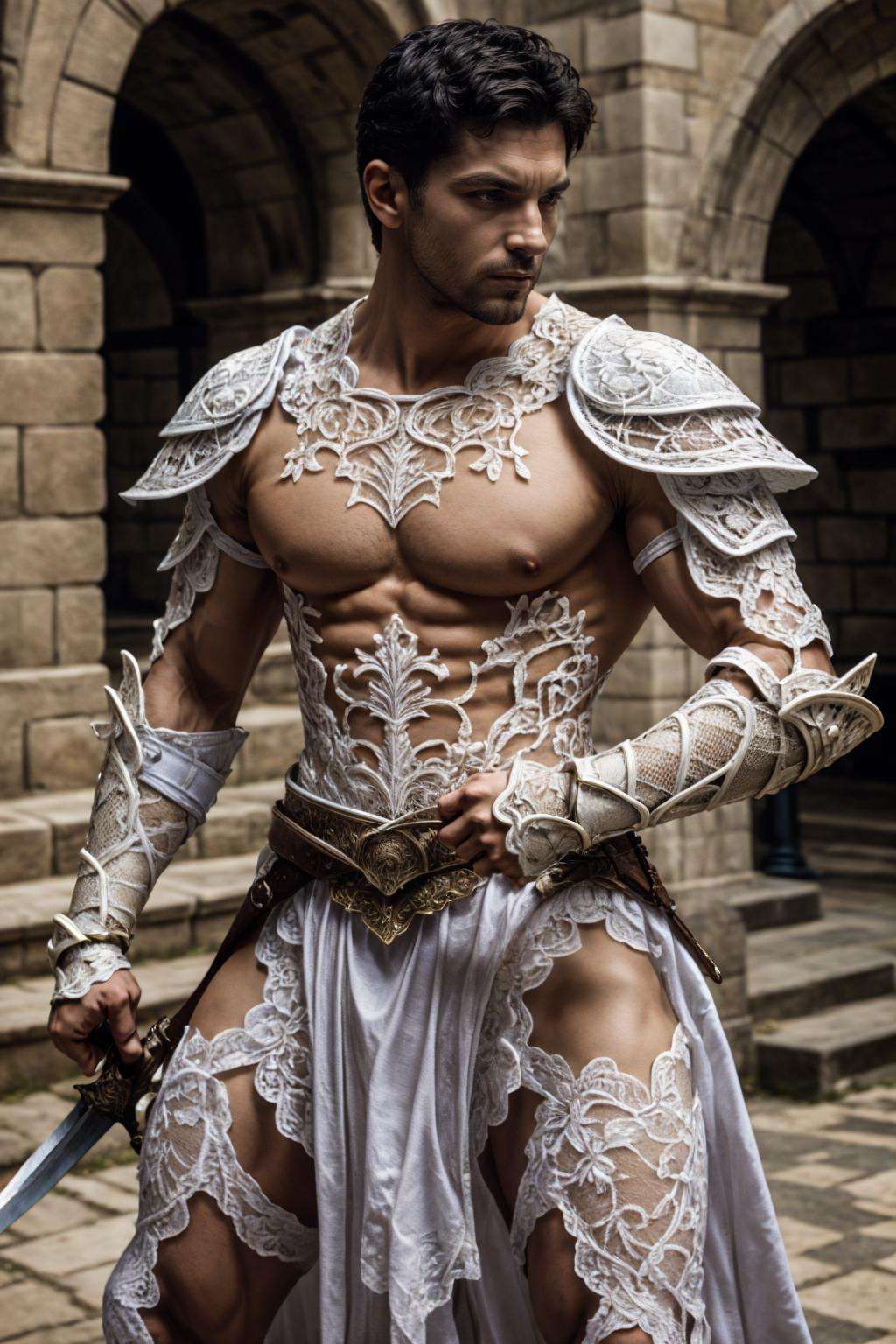 lac34rmor, wearing white lace knight armor, dynamic pose, ((fighting stance)), medieval fantasy city background, holding sword, realistic, masterpiece, intricate details, detailed background, depth of field, photo of a man,