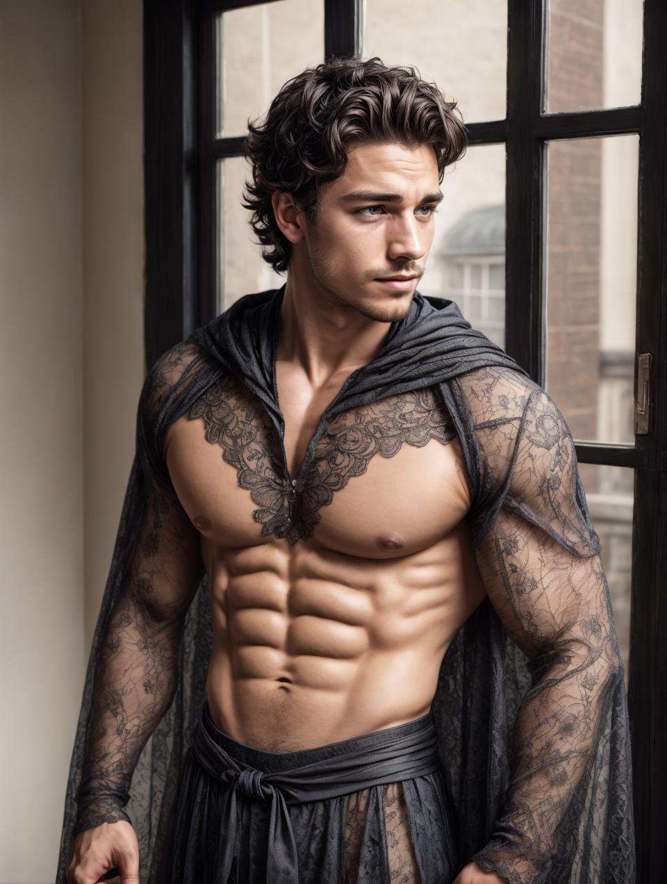 (GS-Masculine:1), (one male), (front side view), close up shot, (looking at viewer), Very detailed youthful face, heroic, detailed realistic open eyes, (muscular:1.5), bodybuilder, big muscles, hyper pecs, hairy pecs, hypermuscle, wide shoulders, short midsection, (slight smile). matty healy, robert sheehan, timothee chalamet, jon bellion, josh hutcherson, pedro pasca, brenton thwaites, dacre montgomery, miles teller, rami malek, mena massoud, avan jogia, freddie stroma, sam claflin, taron egerton, joe keery, harry styles, orlando bloom, arnold schwarzenegger, (freckles), tan glowing skin, brown eyes, <lora:Clothing - Lace Armor:0.5>, lac34rmor, lace, see-through, long sleeved laced robes with a cloak cape, <lora:more_details:1>
