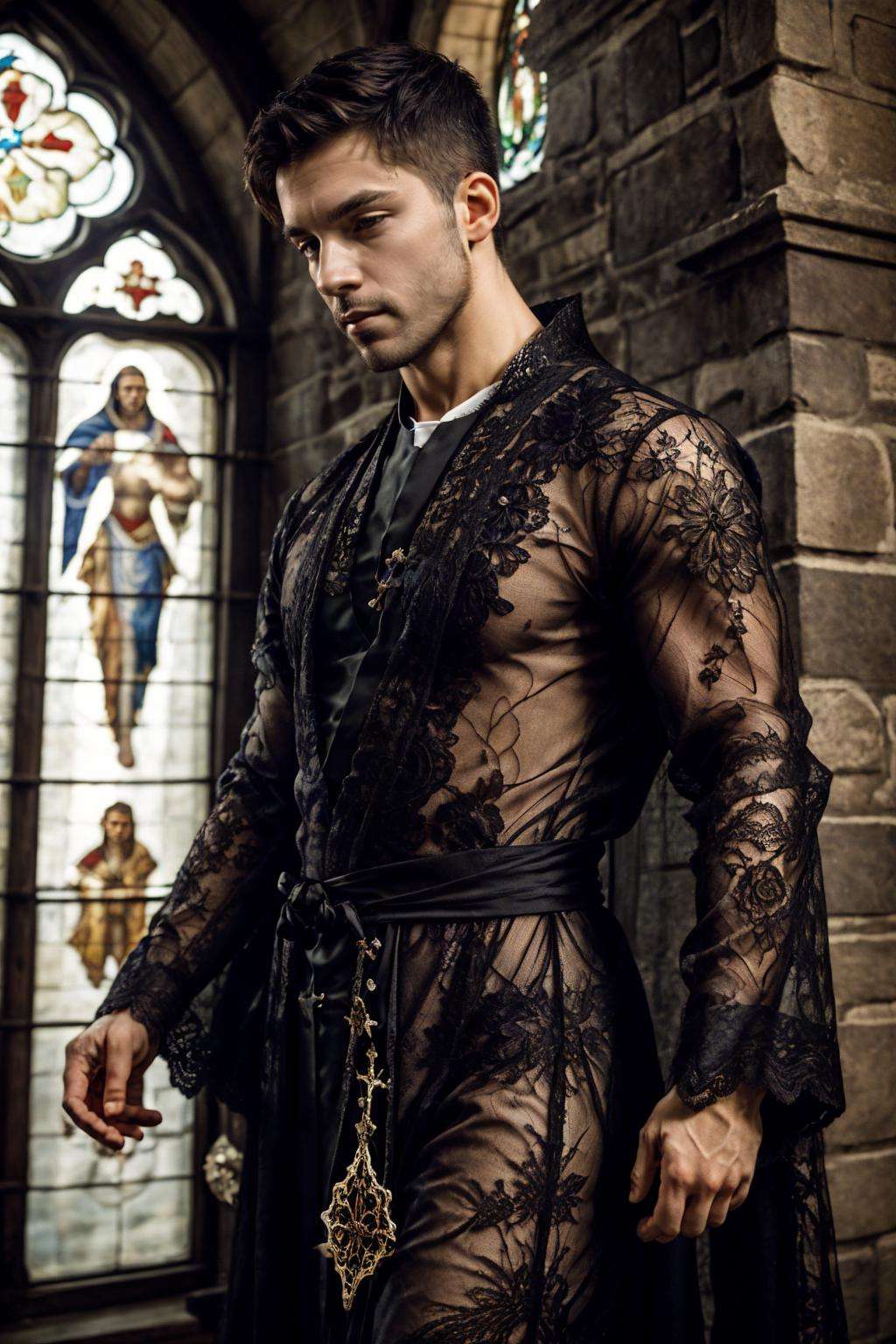 lac34rmor, wearing (black lace priest robe), see-through, dynamic pose, medieval fantasy background, church,, realistic, masterpiece, intricate details, detailed background, depth of field, photo of a man,