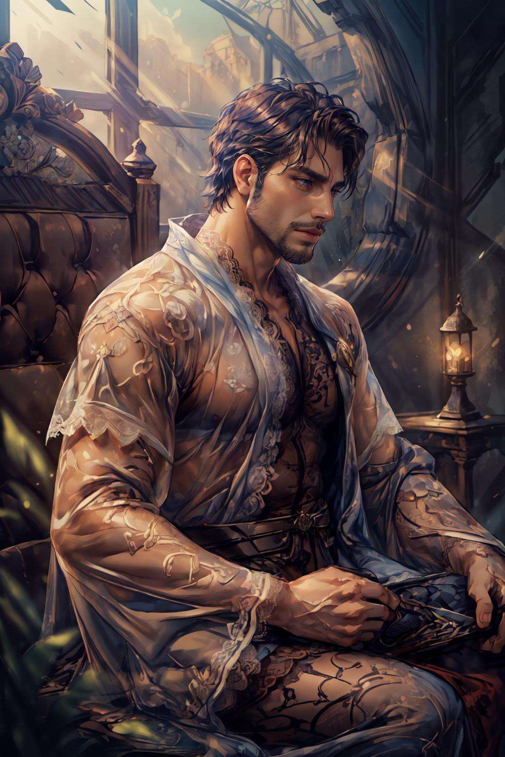 <lora:Clothing - Lace Armor:.5>, ((((LAC34RMOR, LACE, SEE-THROUGH, lace wizard robe)))), (homoerotic), masterpiece, highly detailed face and skin, hyperrealistic, male only, bara, mature, stubble, muscular male, handsome, male focus, spot lights, volumetric lighting, dramatic lighting, bokeh,  (close-up shot), ((cinematic lighting, realistic, detailed background, clear texture, best background, depth of field,light particles,(Balance and coordination between all things),real light and shadow, perspective, composition, adventurous, energy, exploration, contrast, experimental, unique <lora:style_adddetail:.7><lora:style_breakrealize:-1>,from above and from side, lying, (detailed background, cinematic, detailed, atmospheric, epic, concept art, masterpiece, best quality, 8k, ultrarealsitc), realistic,