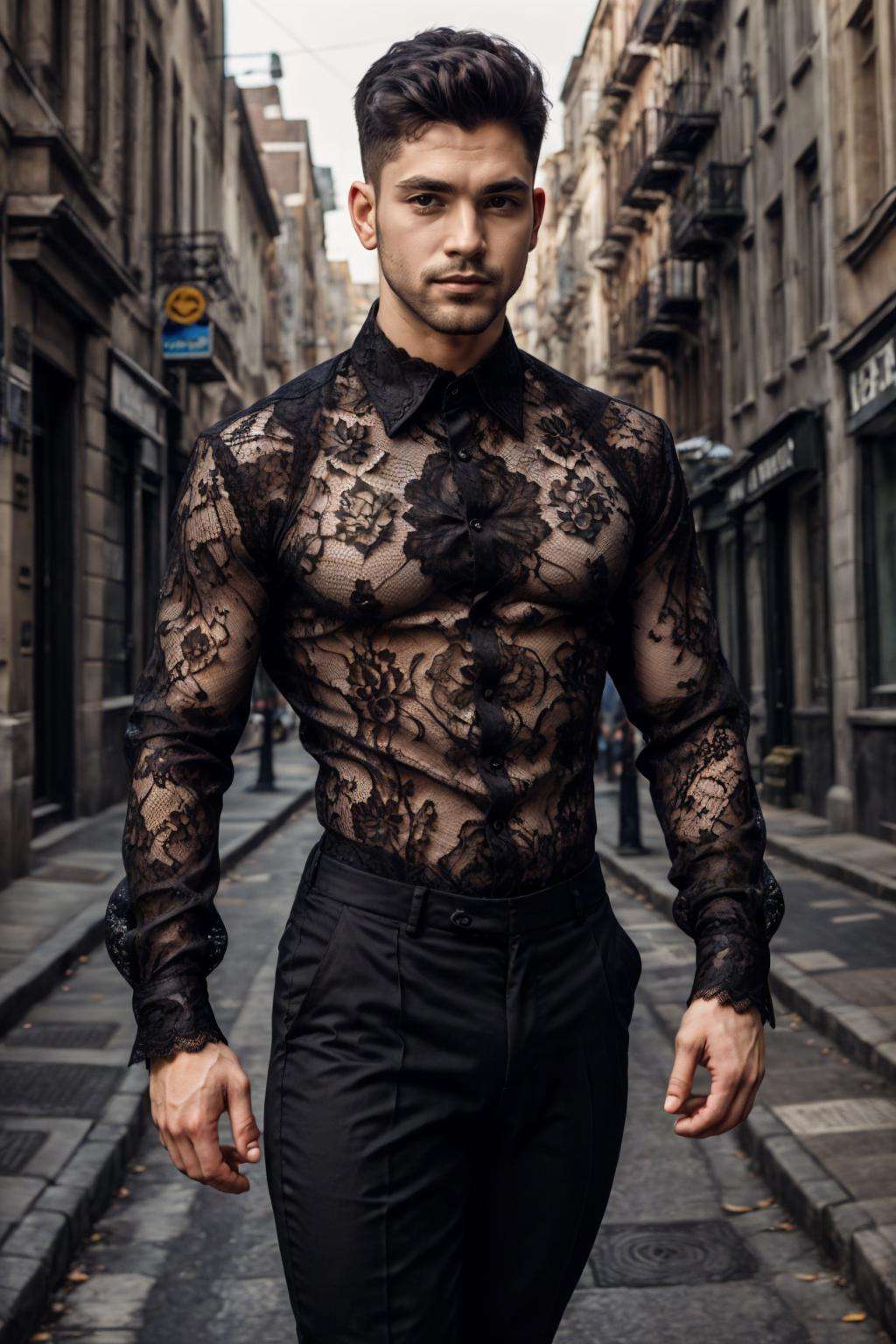 lac34rmor, wearing (black lace collared shirt), see-through, dynamic pose, fantasy city background, street, pants, open shirt, pectorals, realistic, masterpiece, intricate details, detailed background, depth of field, photo of a man,
