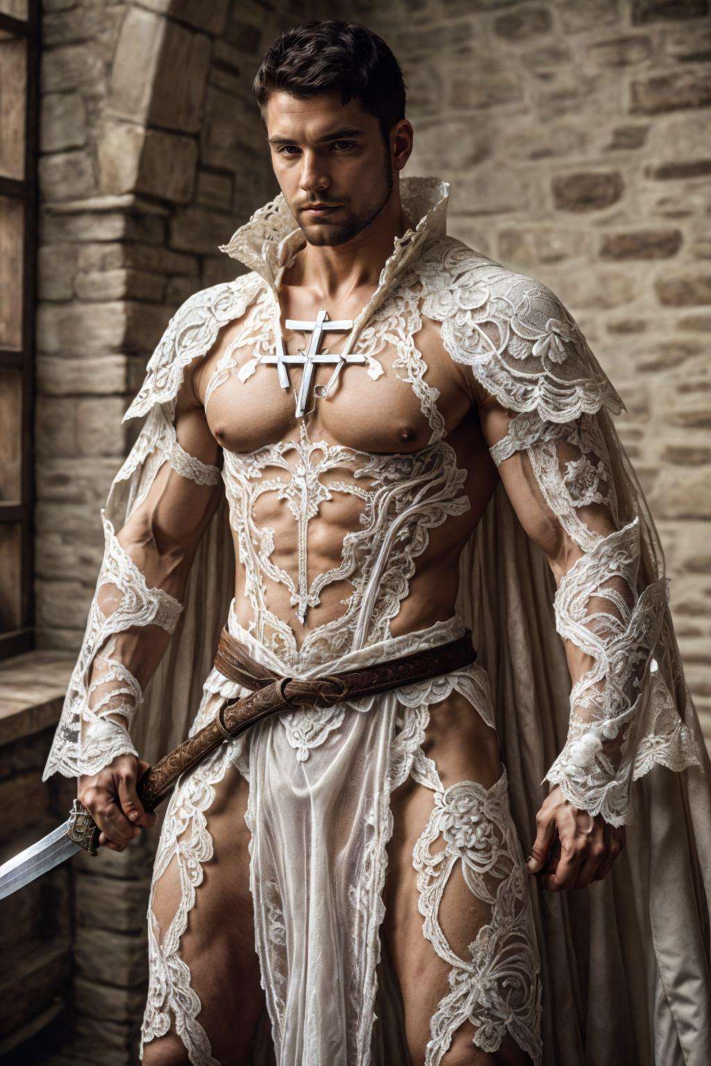 lac34rmor, wearing white lace paladin armor, see-through, dynamic pose, ((fighting stance)), medieval fantasy city background, holding sword, lace cape, indoors, cross, realistic, masterpiece, intricate details, detailed background, depth of field, photo of a man,