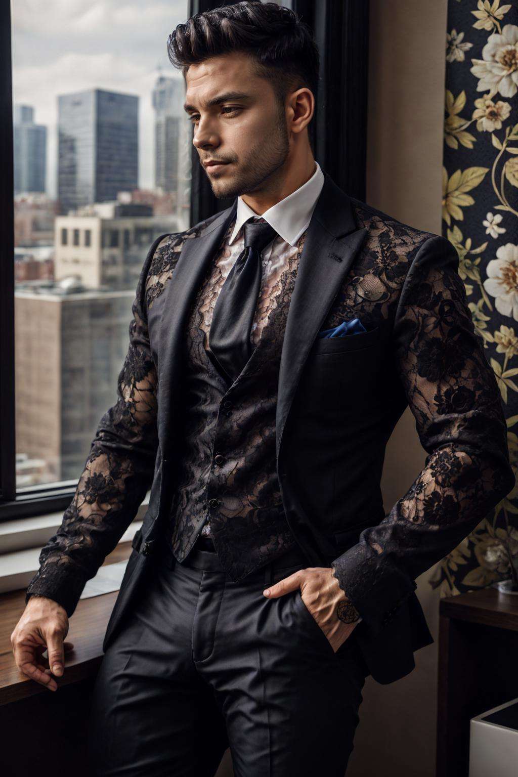 lac34rmor, wearing (black lace business suit), see-through, dynamic pose, fantasy city background, office, indoors, pants, shirt, necktie, realistic, masterpiece, intricate details, detailed background, depth of field, photo of a man,