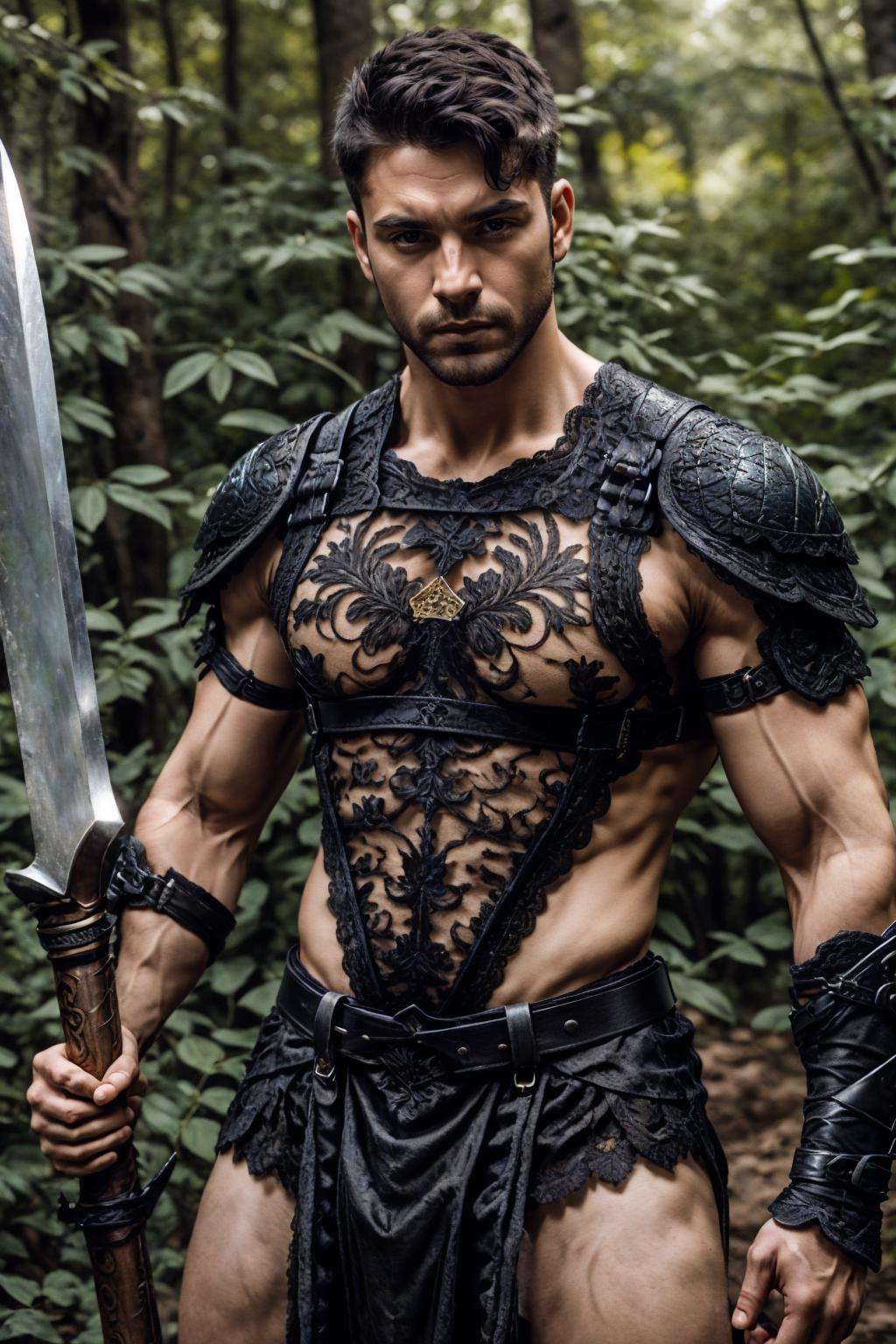 lac34rmor, wearing black lace barbarian armor, see-through, dynamic pose, fighting stance, close up, portrait, medieval fantasy background, nature, holding weapon, harness, realistic, masterpiece, intricate details, detailed background, depth of field, photo of a man,