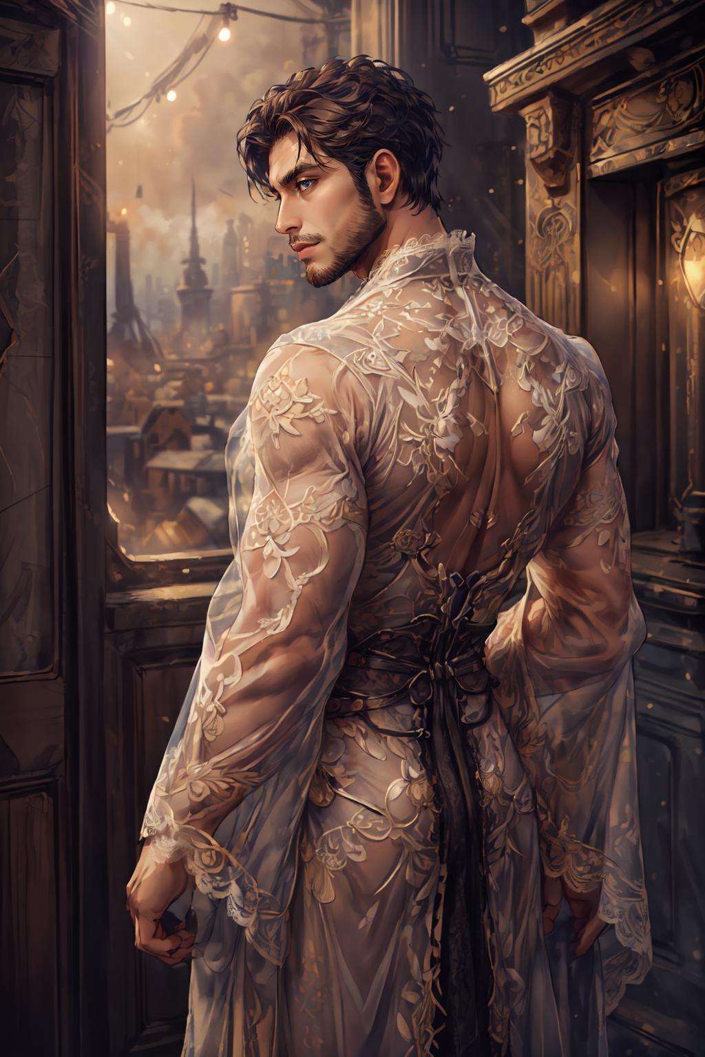 <lora:Clothing - Lace Armor:.5>, ((LAC34RMOR, LACE, SEE-THROUGH, lace wizard robe)), (homoerotic), masterpiece, highly detailed face and skin, hyperrealistic, male only, bara, mature, stubble, muscular male, handsome, male focus, spot lights, volumetric lighting, dramatic lighting, bokeh,  (close-up shot), ((cinematic lighting, realistic, detailed background, clear texture, best background, depth of field,light particles,(Balance and coordination between all things),real light and shadow, perspective, composition, adventurous, energy, exploration, contrast, experimental, unique <lora:style_adddetail:.7><lora:style_breakrealize:-1>,from back, arms behind back, (detailed background, cinematic, detailed, atmospheric, epic, concept art, masterpiece, best quality, 8k, ultrarealsitc), realistic,