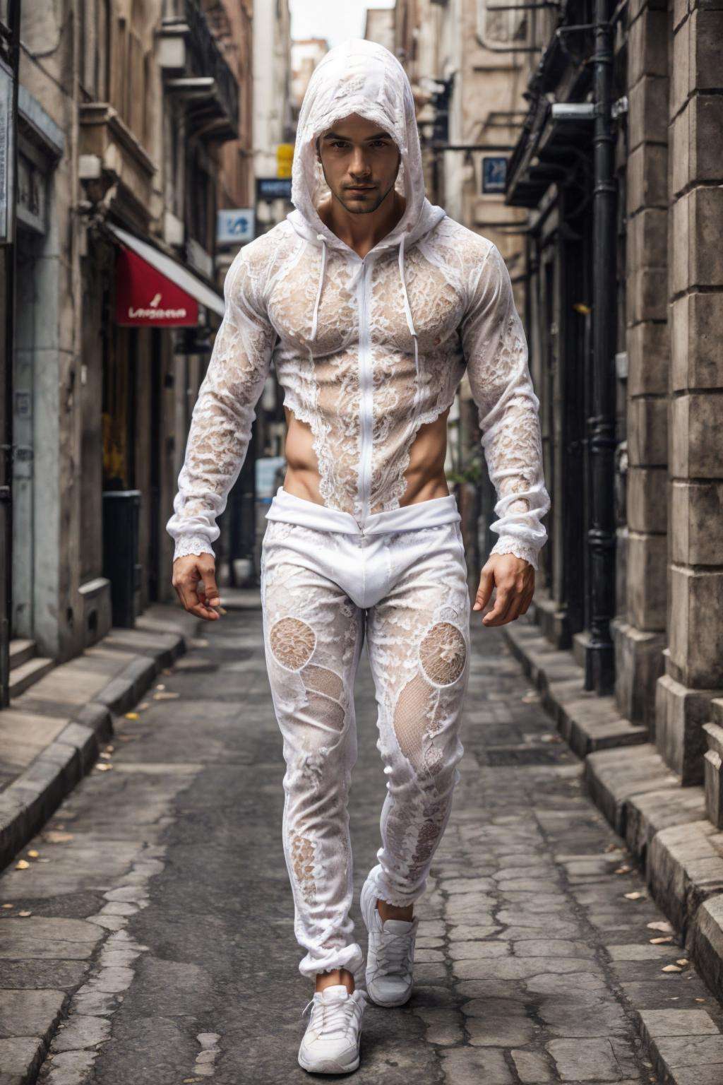 lac34rmor, wearing (white lace hoodie), see-through, dynamic pose, fantasy city background, street, pants, walking, realistic, masterpiece, intricate details, detailed background, depth of field, photo of a man,