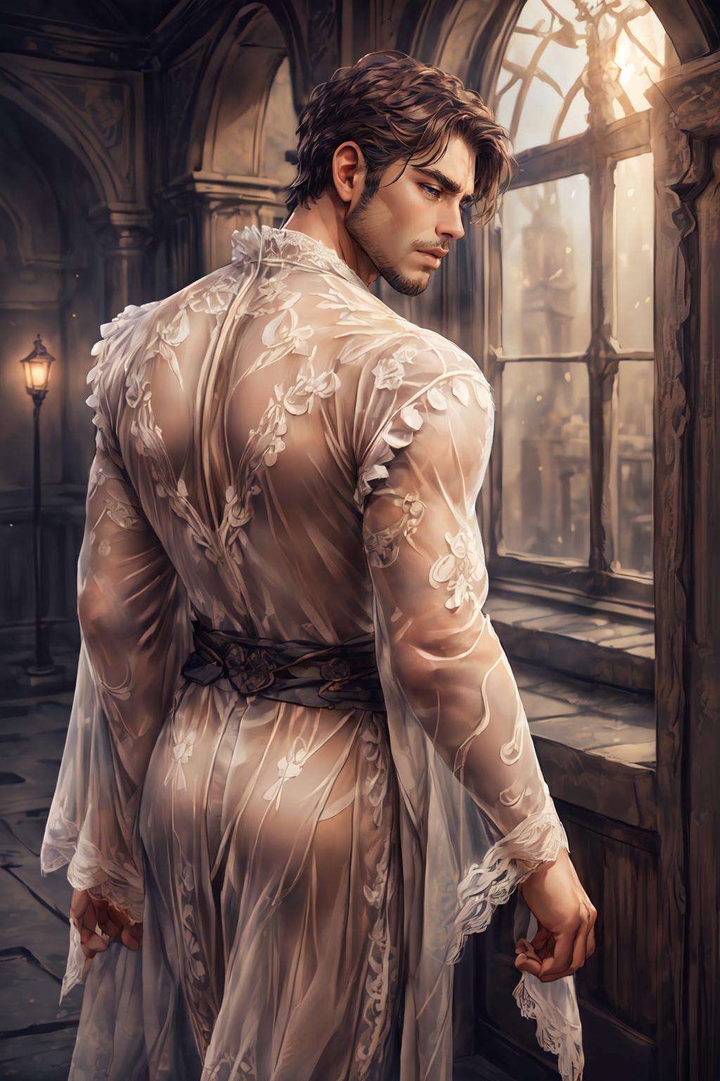 <lora:Clothing - Lace Armor:.5>, ((((LAC34RMOR, LACE, SEE-THROUGH, lace wizard robe)))), (homoerotic), masterpiece, highly detailed face and skin, hyperrealistic, male only, bara, mature, stubble, muscular male, handsome, male focus, spot lights, volumetric lighting, dramatic lighting, bokeh,  (close-up shot), ((cinematic lighting, realistic, detailed background, clear texture, best background, depth of field,light particles,(Balance and coordination between all things),real light and shadow, perspective, composition, adventurous, energy, exploration, contrast, experimental, unique <lora:style_adddetail:.7><lora:style_breakrealize:0>,from back, walking, (detailed background, cinematic, detailed, atmospheric, epic, concept art, masterpiece, best quality, 8k, ultrarealsitc), realistic,