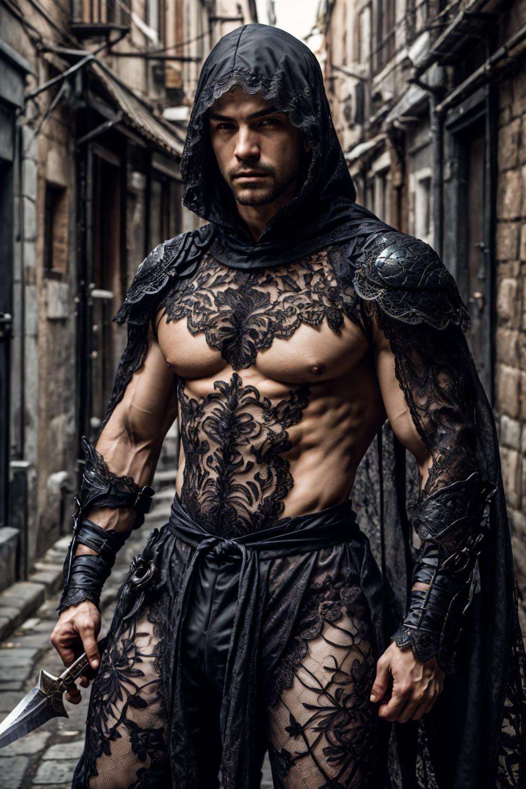 lac34rmor, wearing black lace rogue armor, see-through, ((dynamic pose)), ((fighting stance)), close up, portrait, medieval fantasy city background, holding dagger, lace cloak, street, alley, pants, realistic, masterpiece, intricate details, detailed background, depth of field, photo of a man,