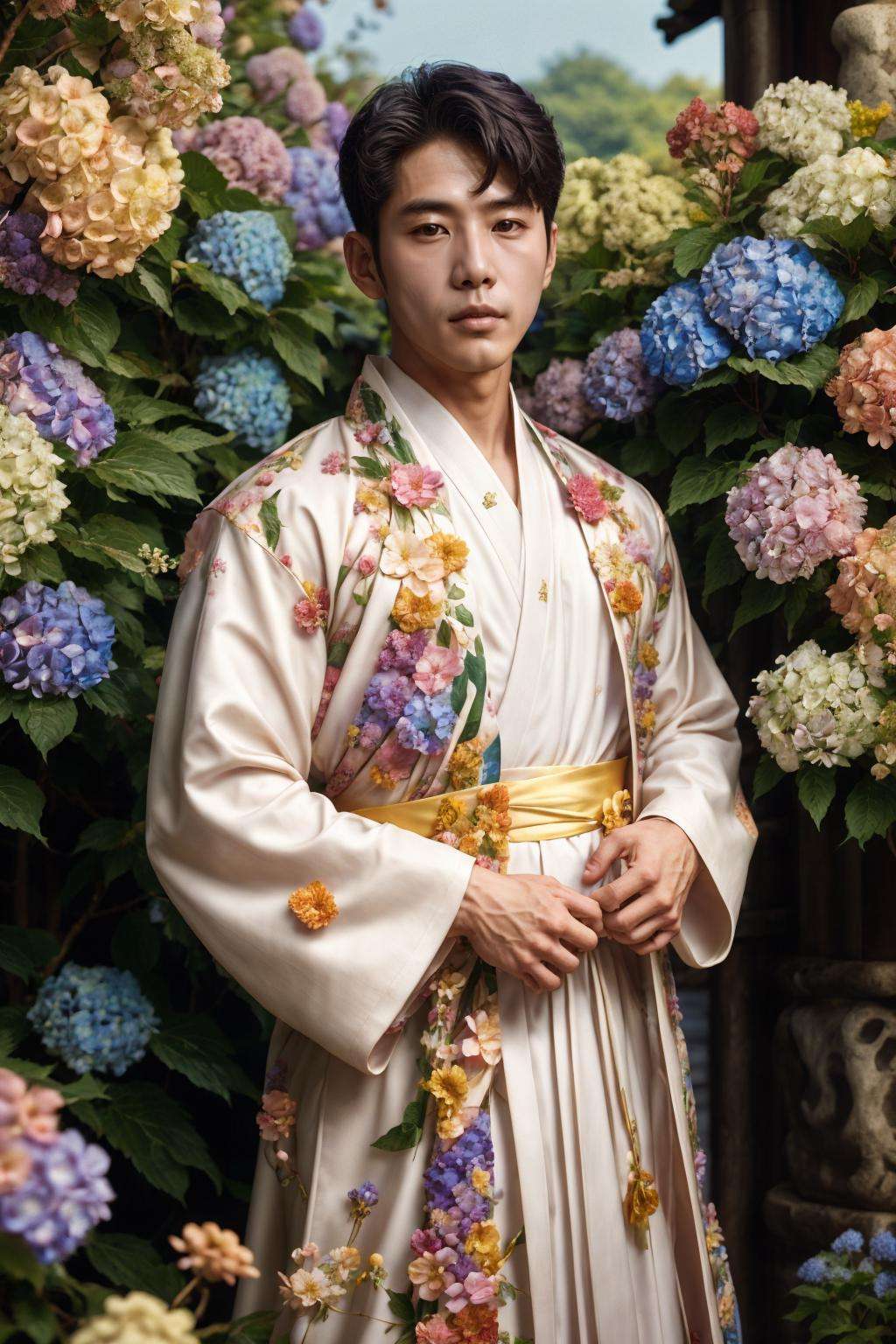 flower4rmor, photo of a (korean man) wearing hydrangea flower hanbok, ancient korea fantasy background, (30 years old), realistic, masterpiece, intricate details, detailed background, depth of field,