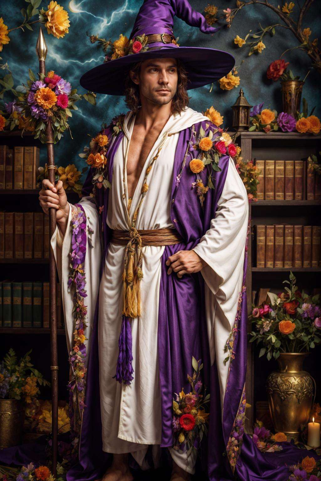 flower4rmor, photo of a Australian man wearing flower wizard robe, fantasy medieval library background, dynamic movement, holding flower staff, witch hat, on hand on hips, realistic, masterpiece, intricate details, detailed background, depth of field,
