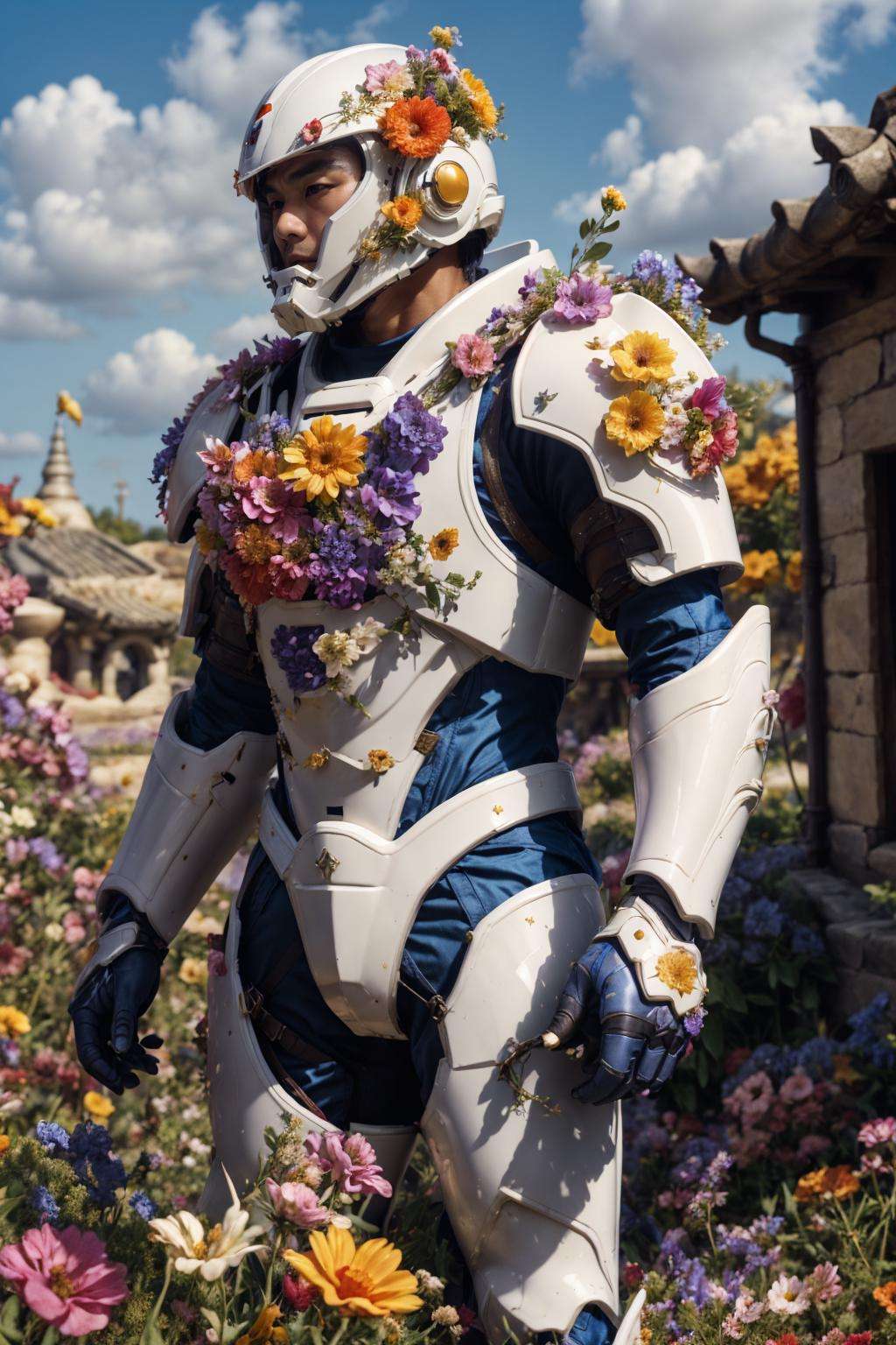 flower4rmor, photo of a Chinese man wearing flower power armor, fantasy medieval city background, dynamic movement, helmet, sky,, realistic, masterpiece, intricate details, detailed background, depth of field,
