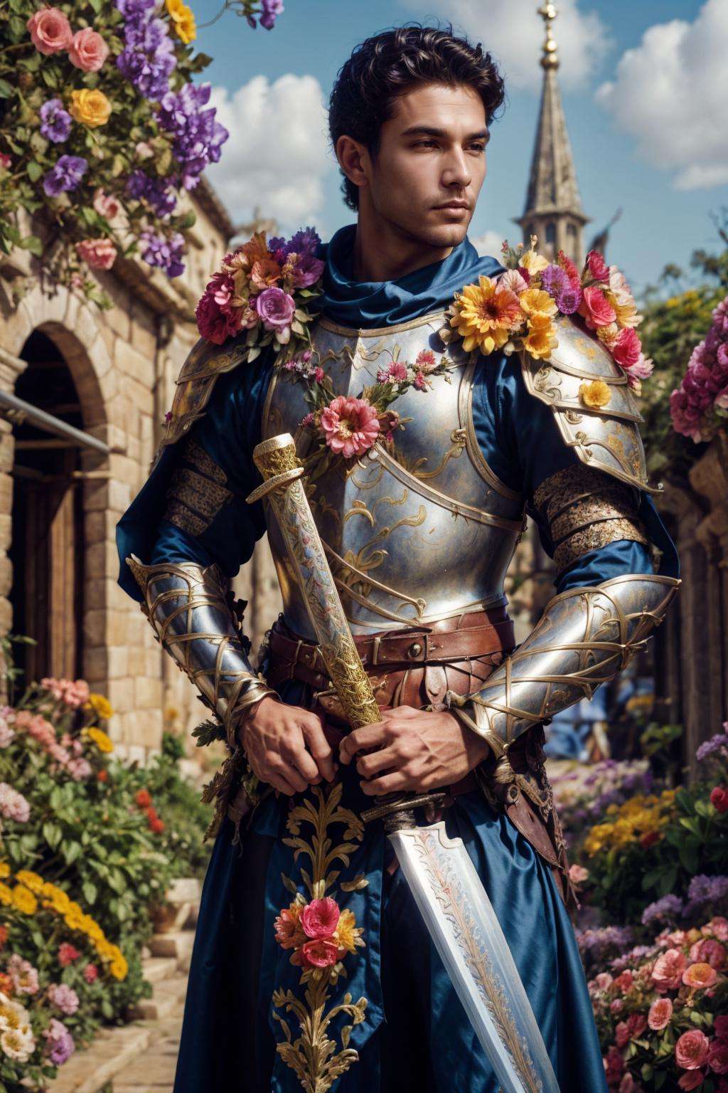 flower4rmor, photo of a brazilian man wearing flower knight armor, fantasy medieval city background, holding flower sword, realistic, masterpiece, intricate details, detailed background, depth of field,